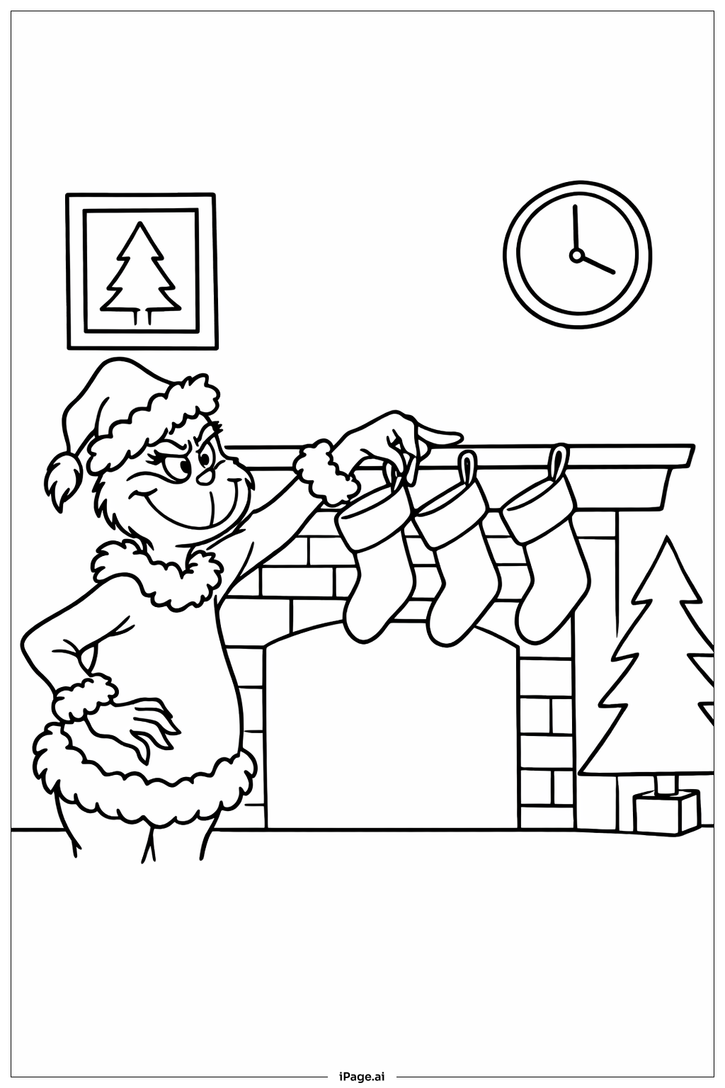 Grinch, der Weihnachtsstrümpfe aufhängt Ausmalseite