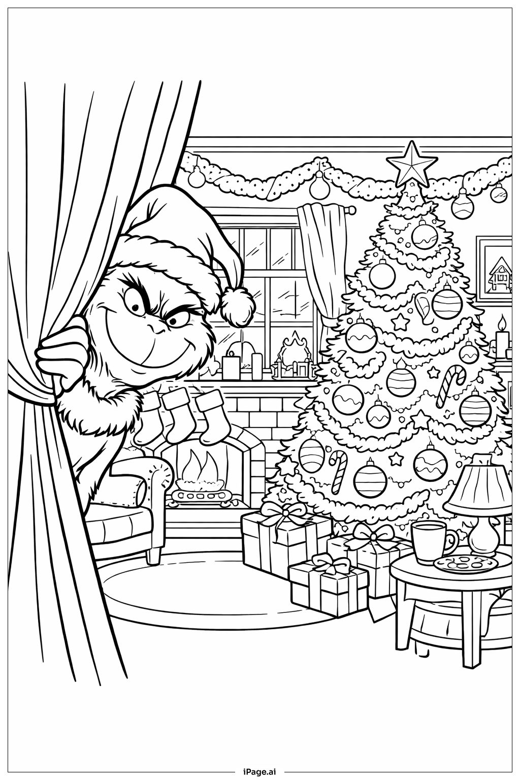  圣诞怪杰躲在窗帘后面填色页 