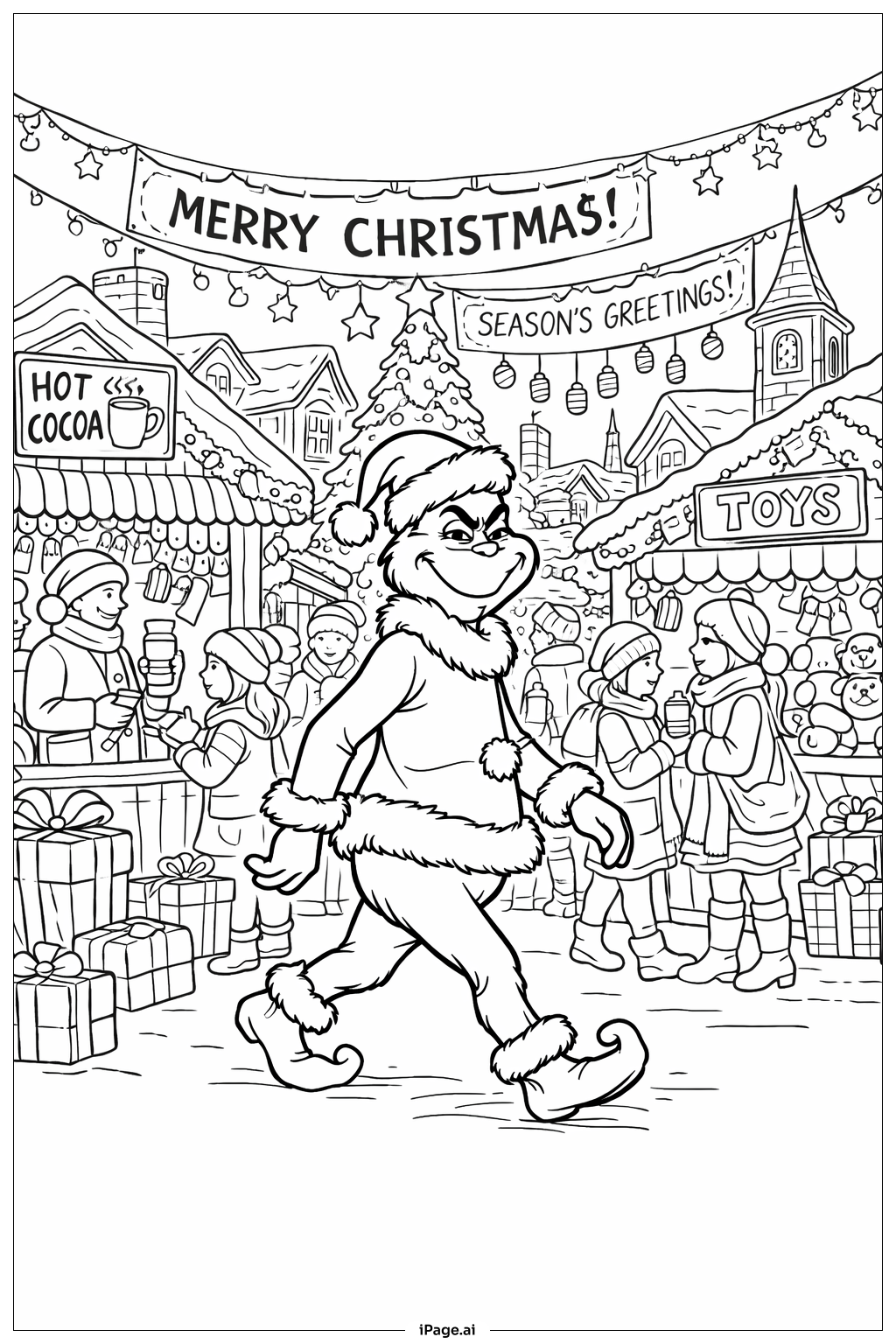 圣诞市场里的格林奇填色页 