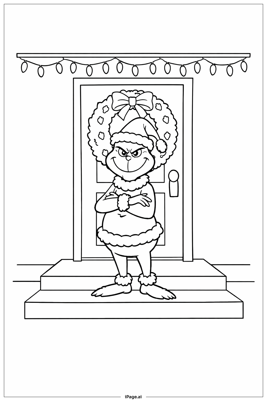  Grinch auf der Veranda mit Lichtern Ausmalseite 