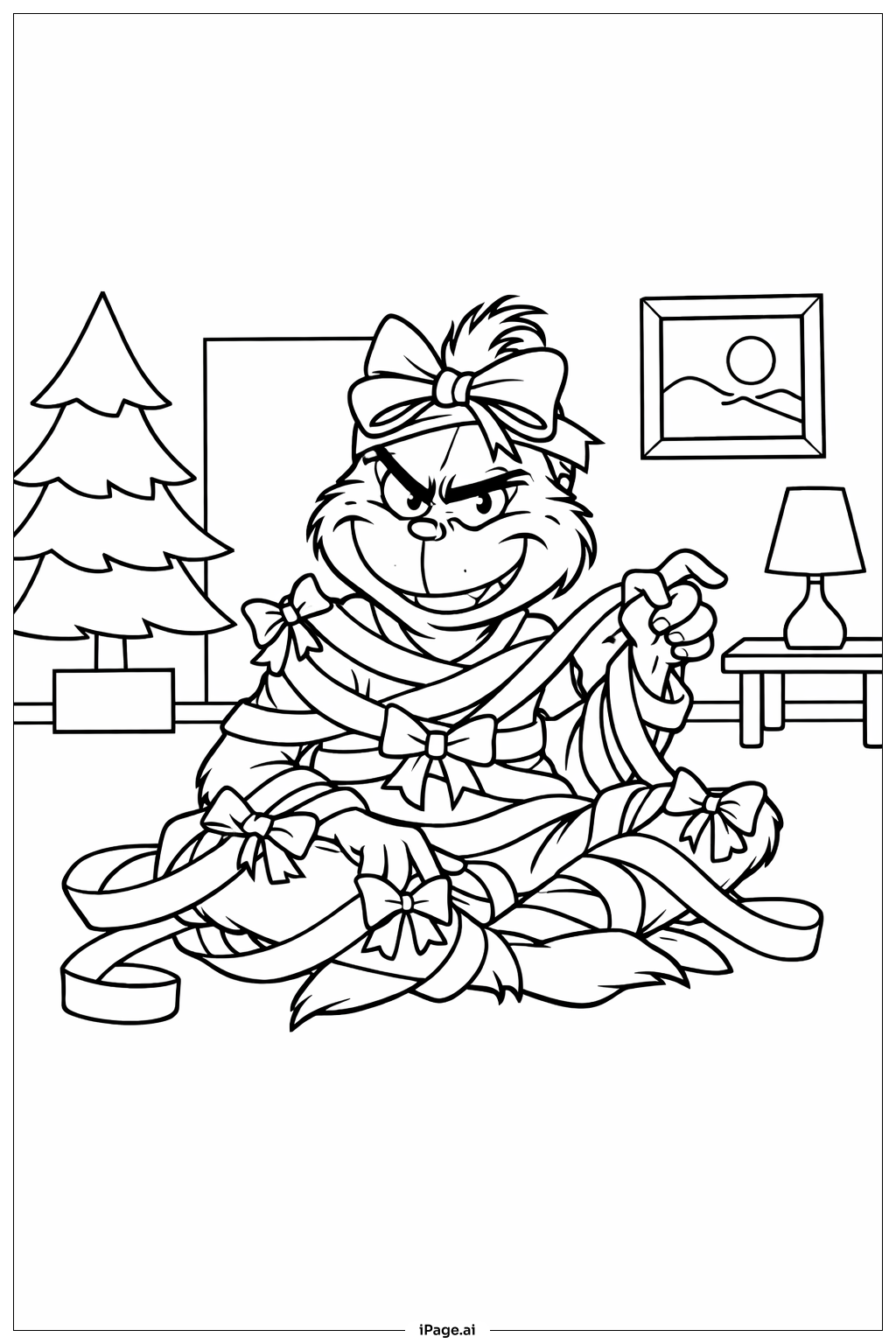  Trang tô màu Grinch Chơi Với Dải Ruy Băng 