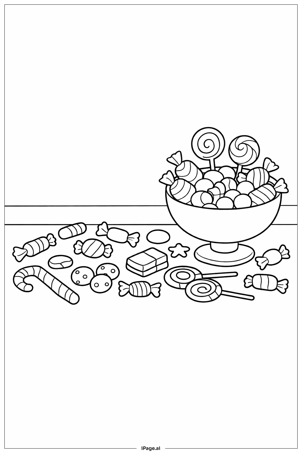  Halloween Süßigkeiten auf dem Tisch verteilt Ausmalseite 