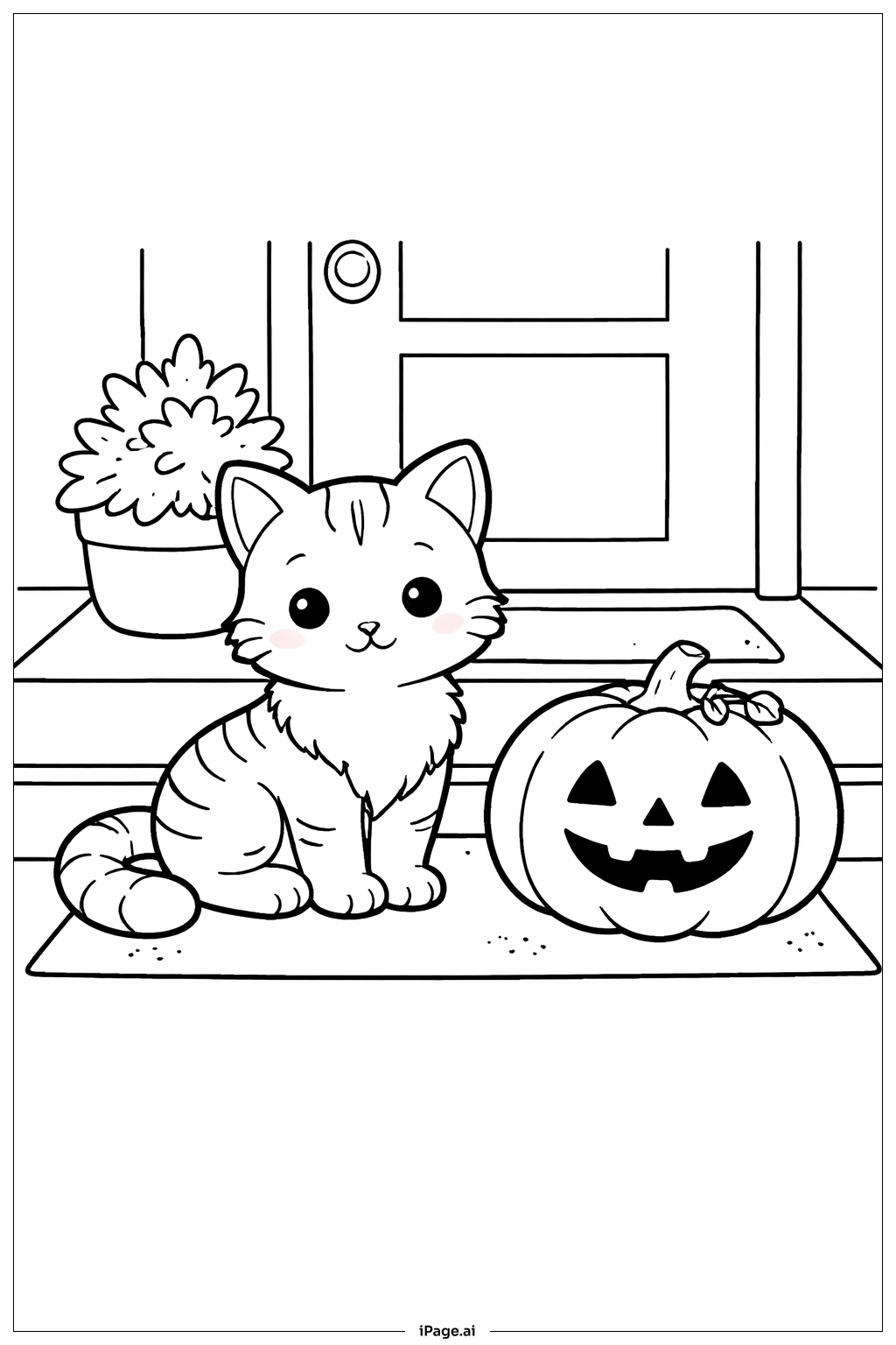  Halloween-Katze auf der Veranda Ausmalseite 