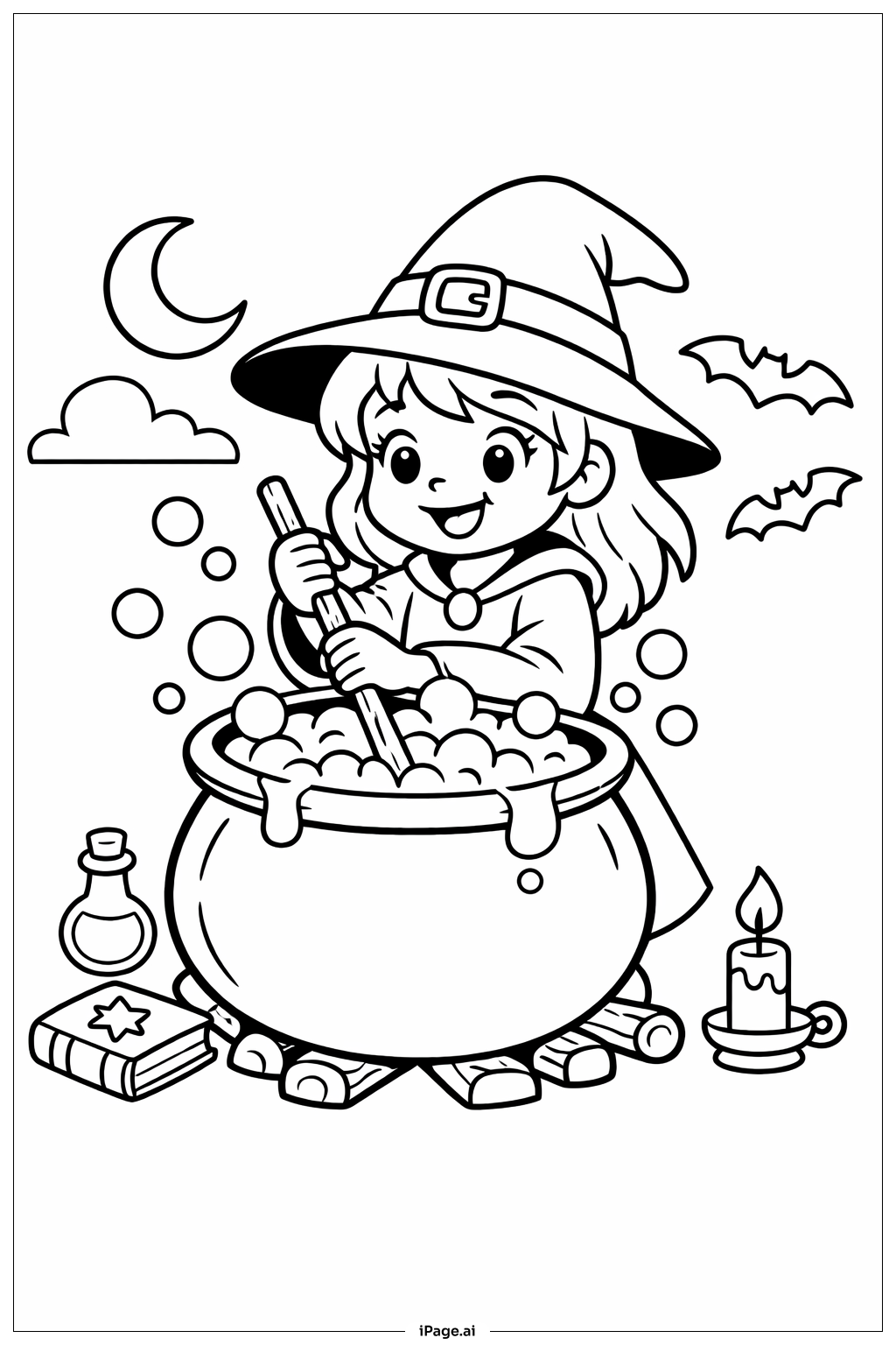  Halloween Freundliche Hexe mit Kessel Ausmalseite 