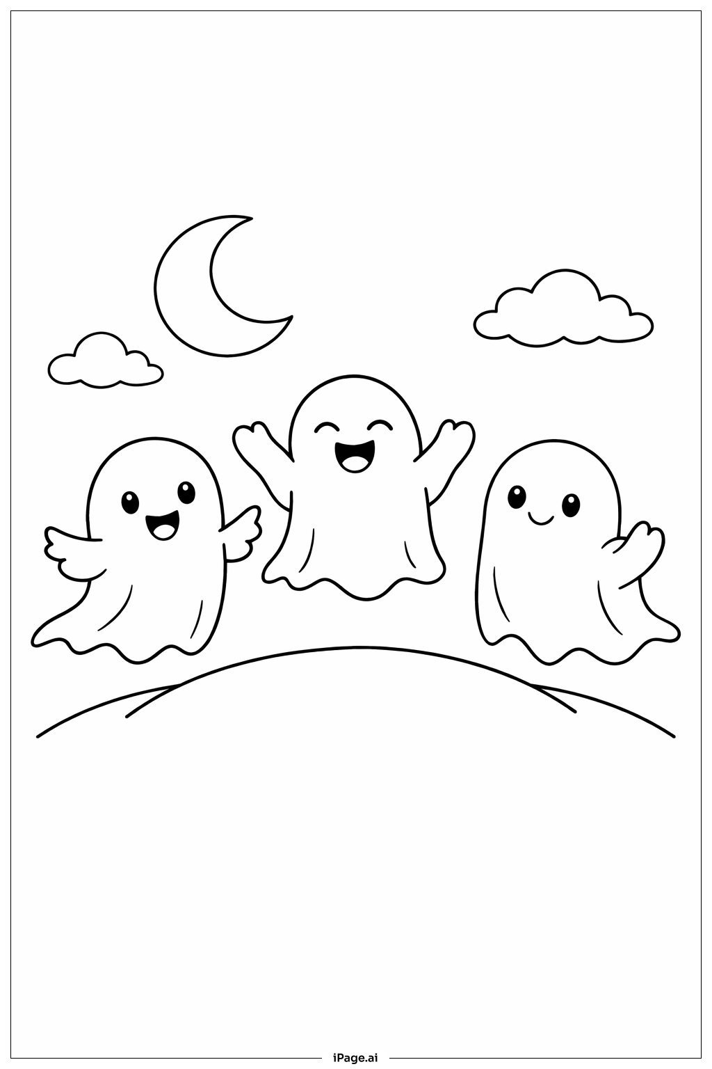  Halloween-Geister schweben über dem Hügel Ausmalseite 