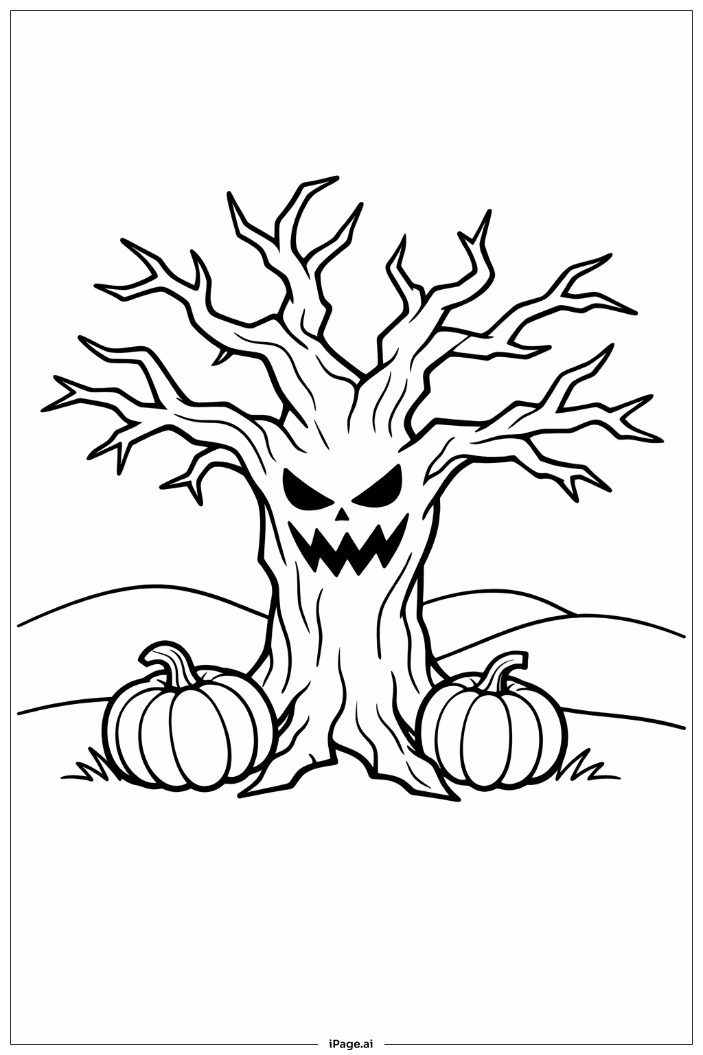  Halloween Gruseliger Baum mit Kürbis Ausmalseite 