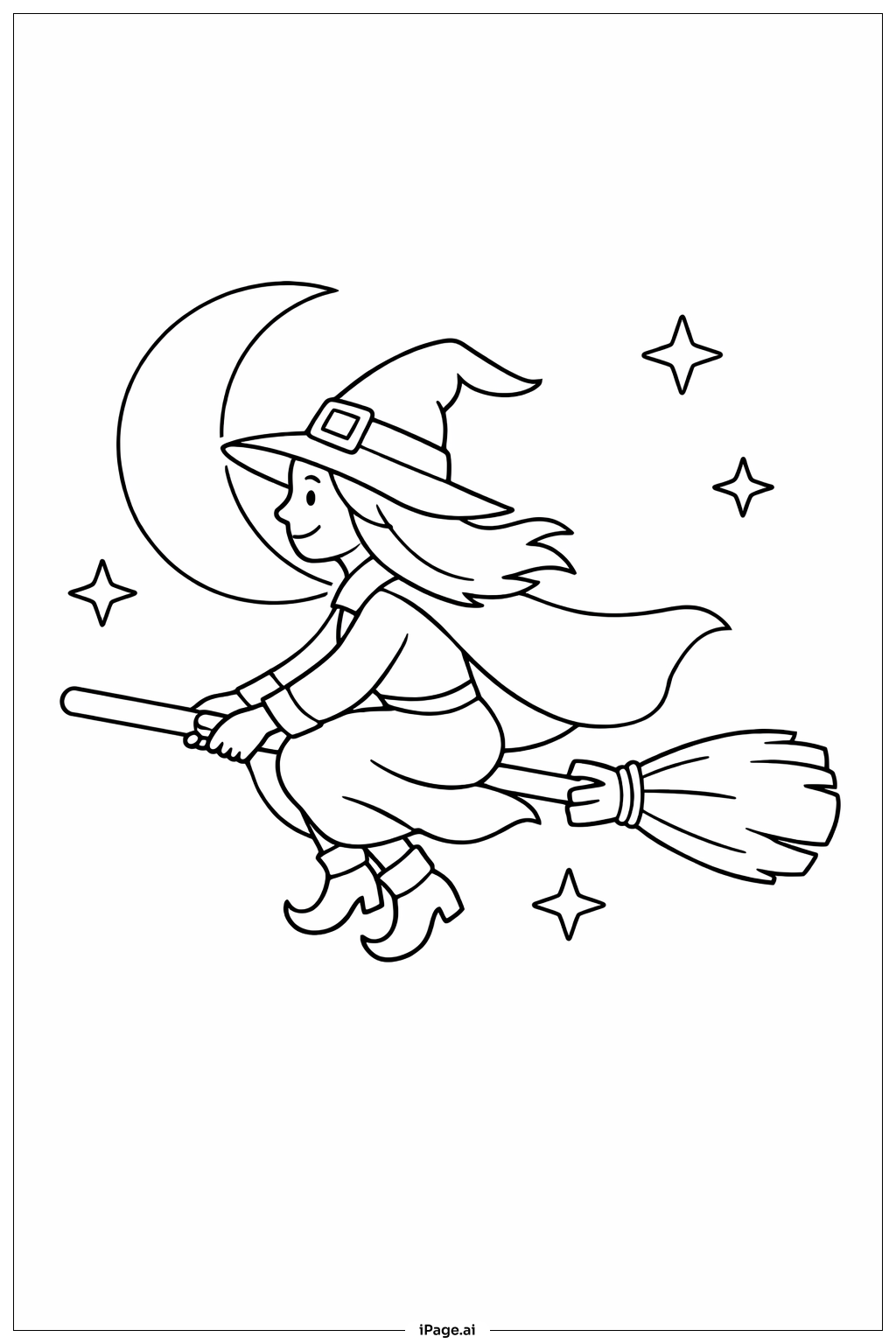  Halloween-Hexe fliegt auf dem Besen Ausmalseite 