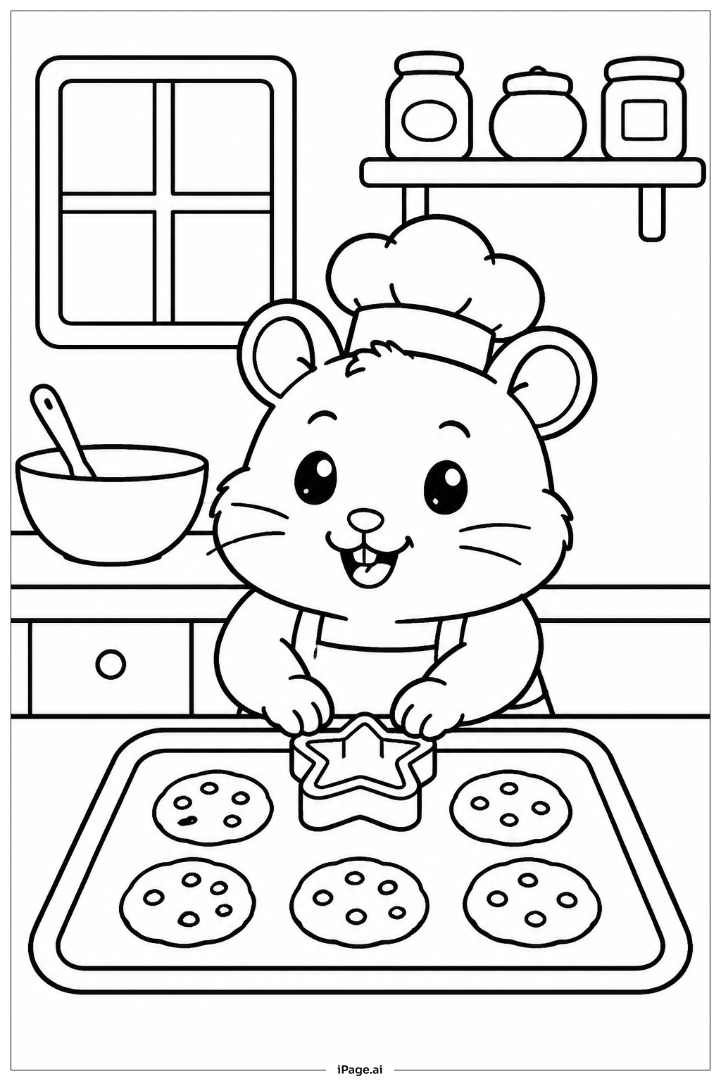 Page de coloriage Hamster Baking Cookies