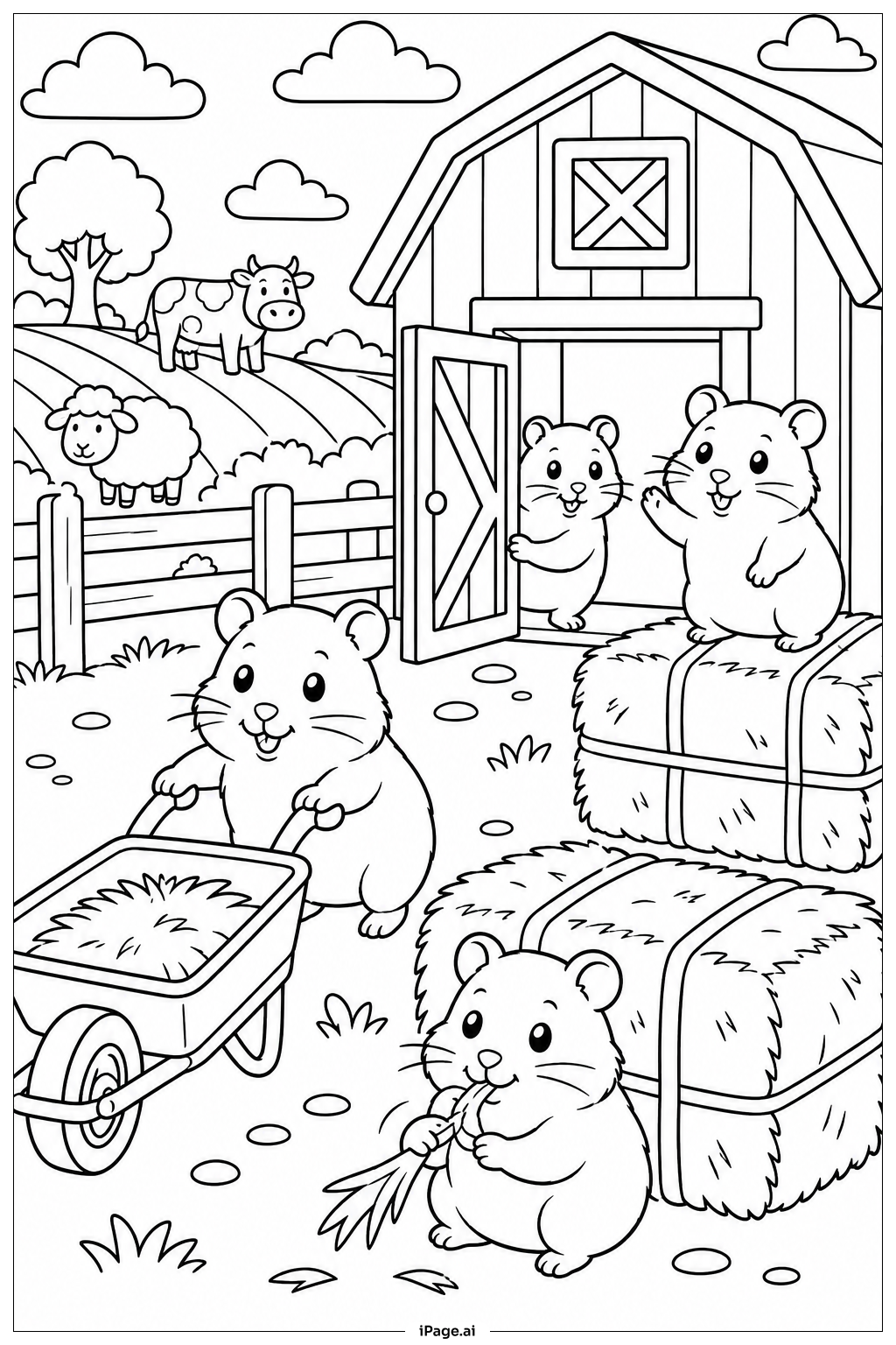 Hamster Farmyard Scene Coloring Page