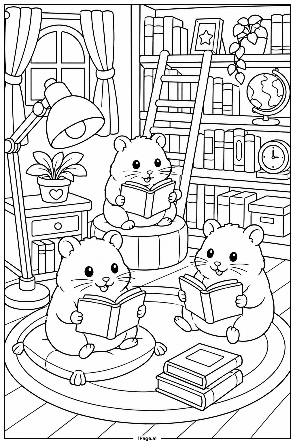 Hamster Library Reading Coloring Page