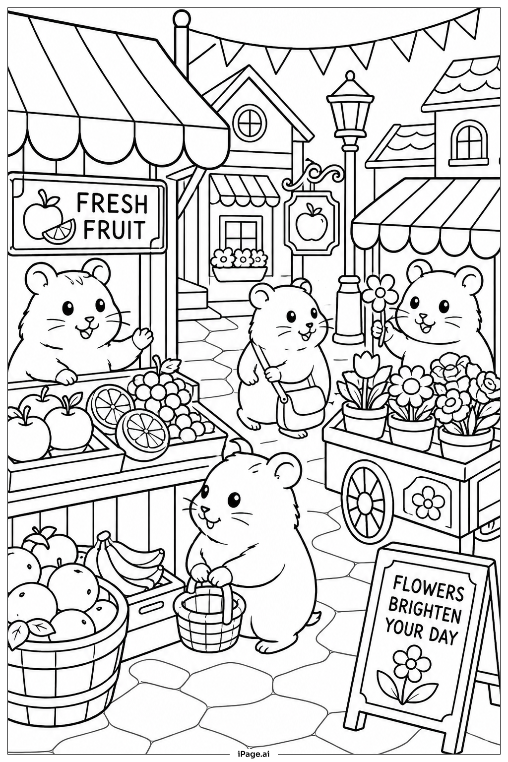 ハムスターの市場の屋台の塗り絵ページ