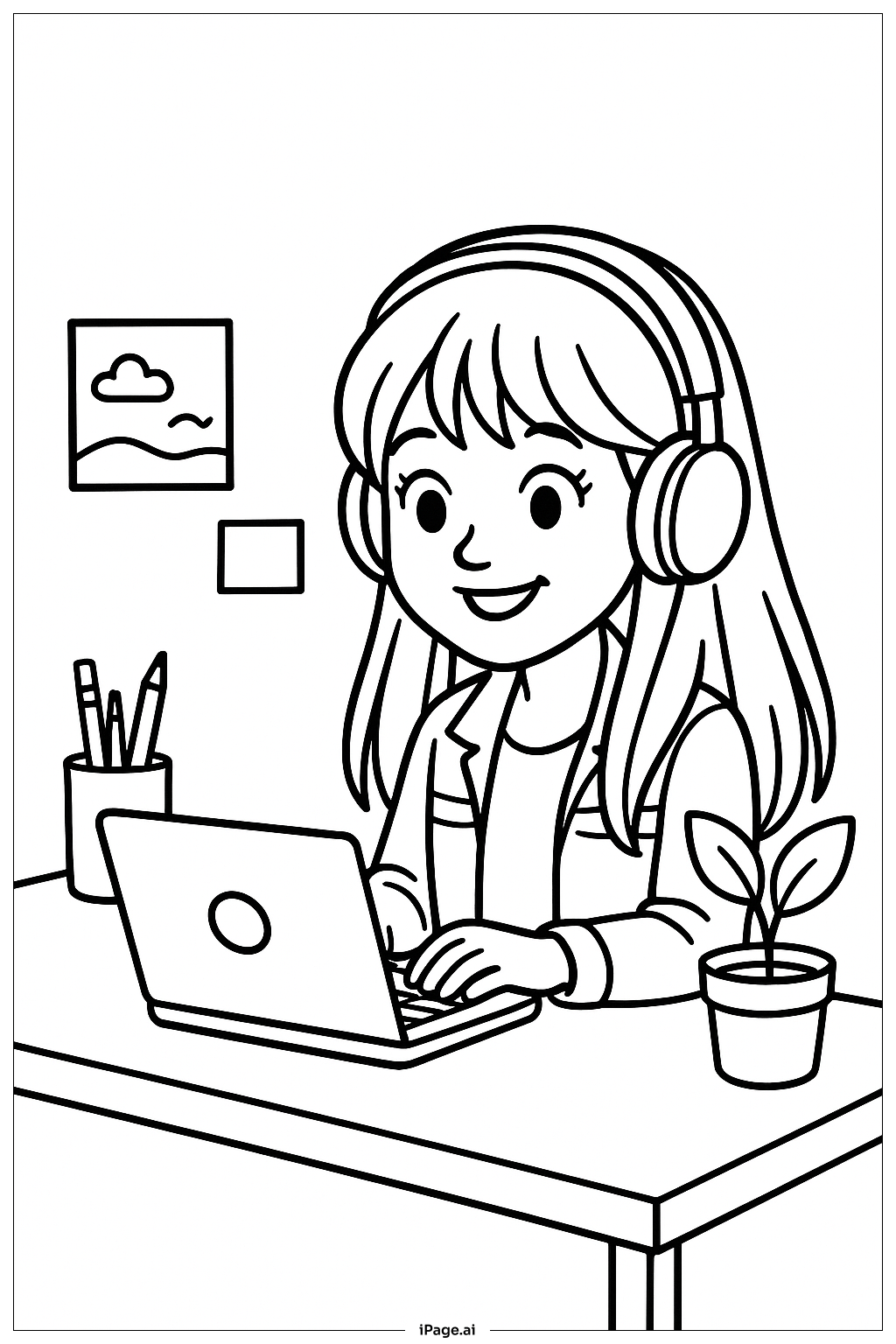 Hannah Montana With Headphones And Laptop Coloring Page