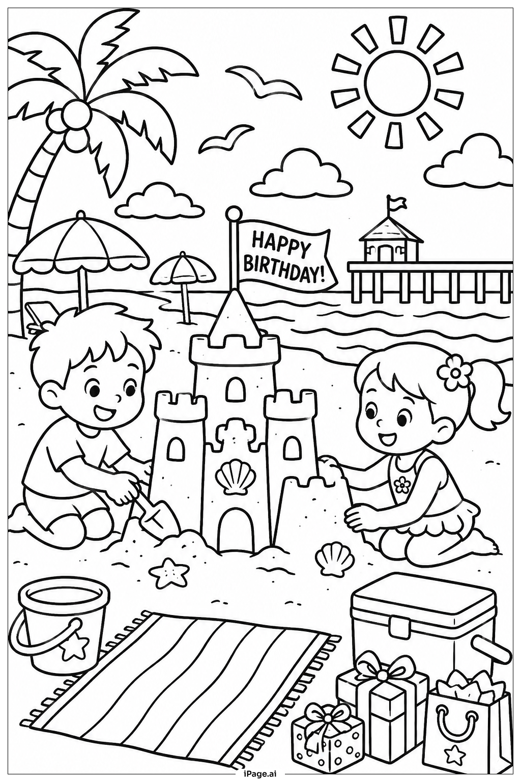  ハッピーバースデービーチパーティーの塗り絵ページ 