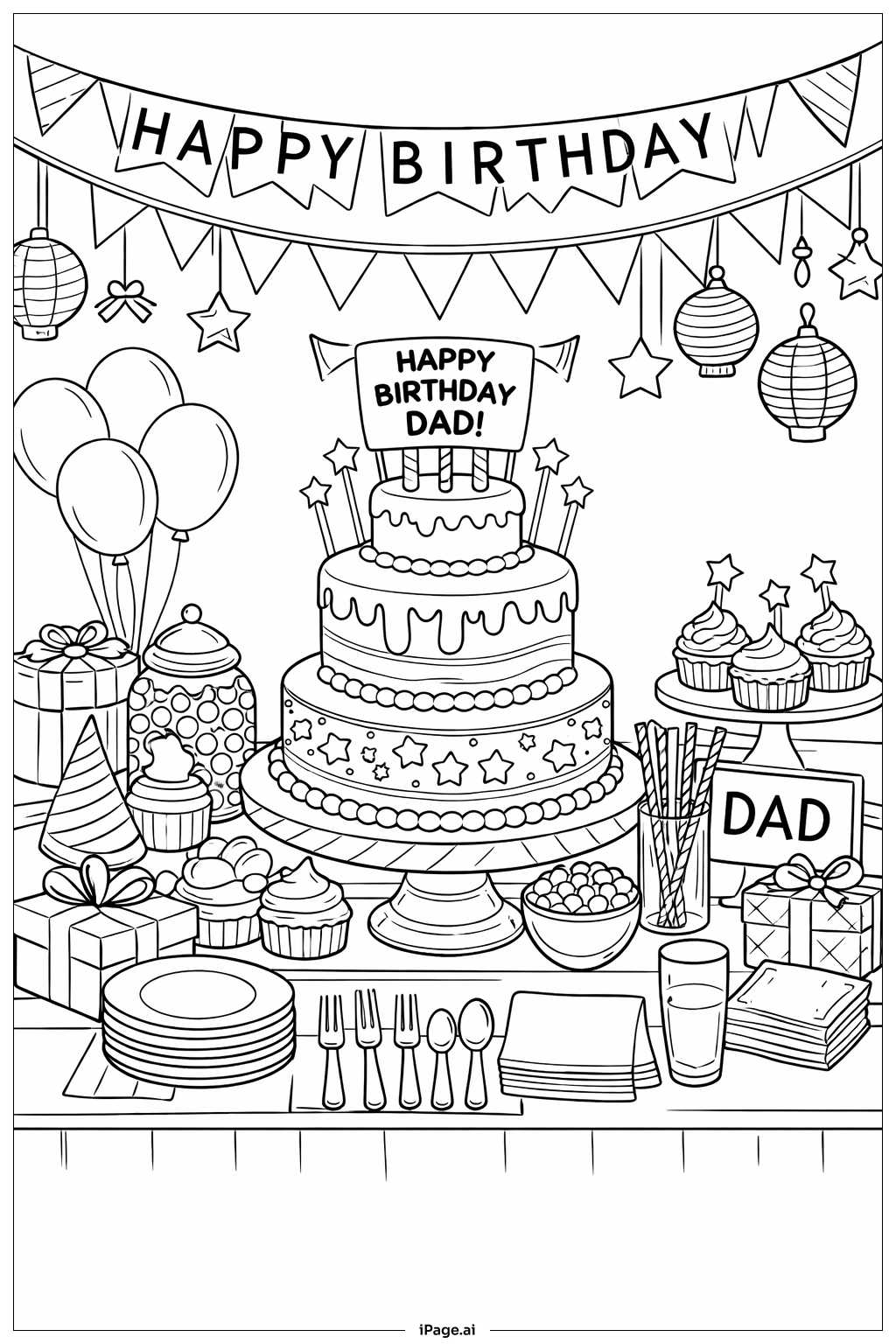  Trang tô màu Bàn Tiệc Bánh Sinh Nhật Bố Vui Vẻ 