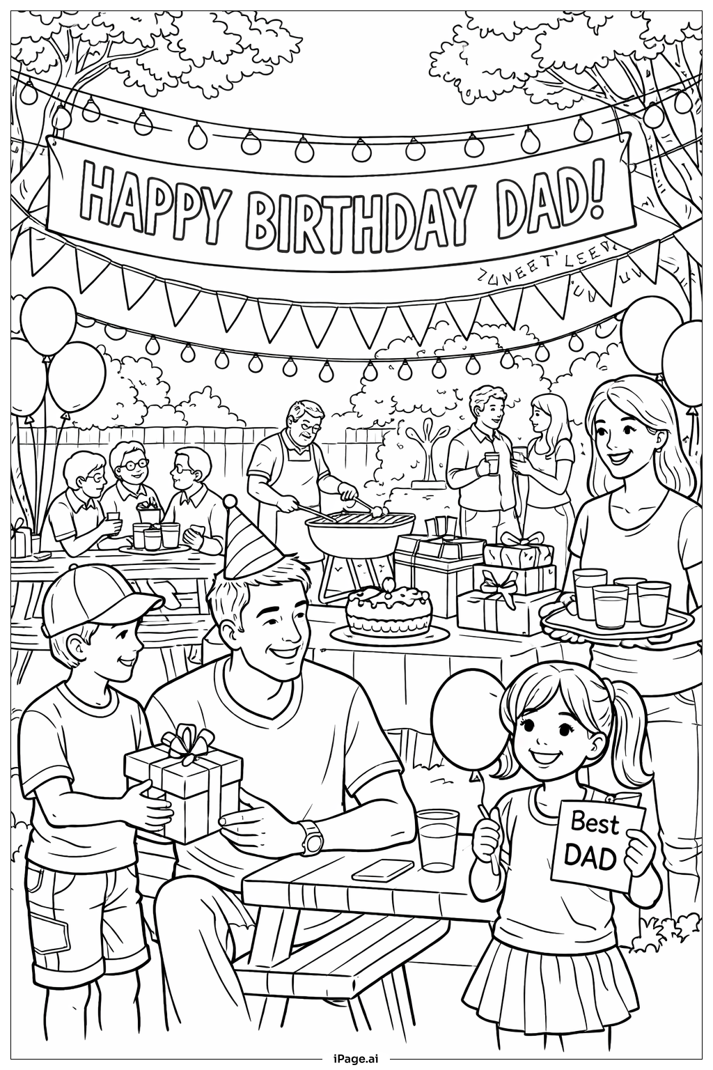 Trang tô màu Cảnh Tiệc Sinh Nhật Ngoài Trời Vui Nhộn Cho Bố 