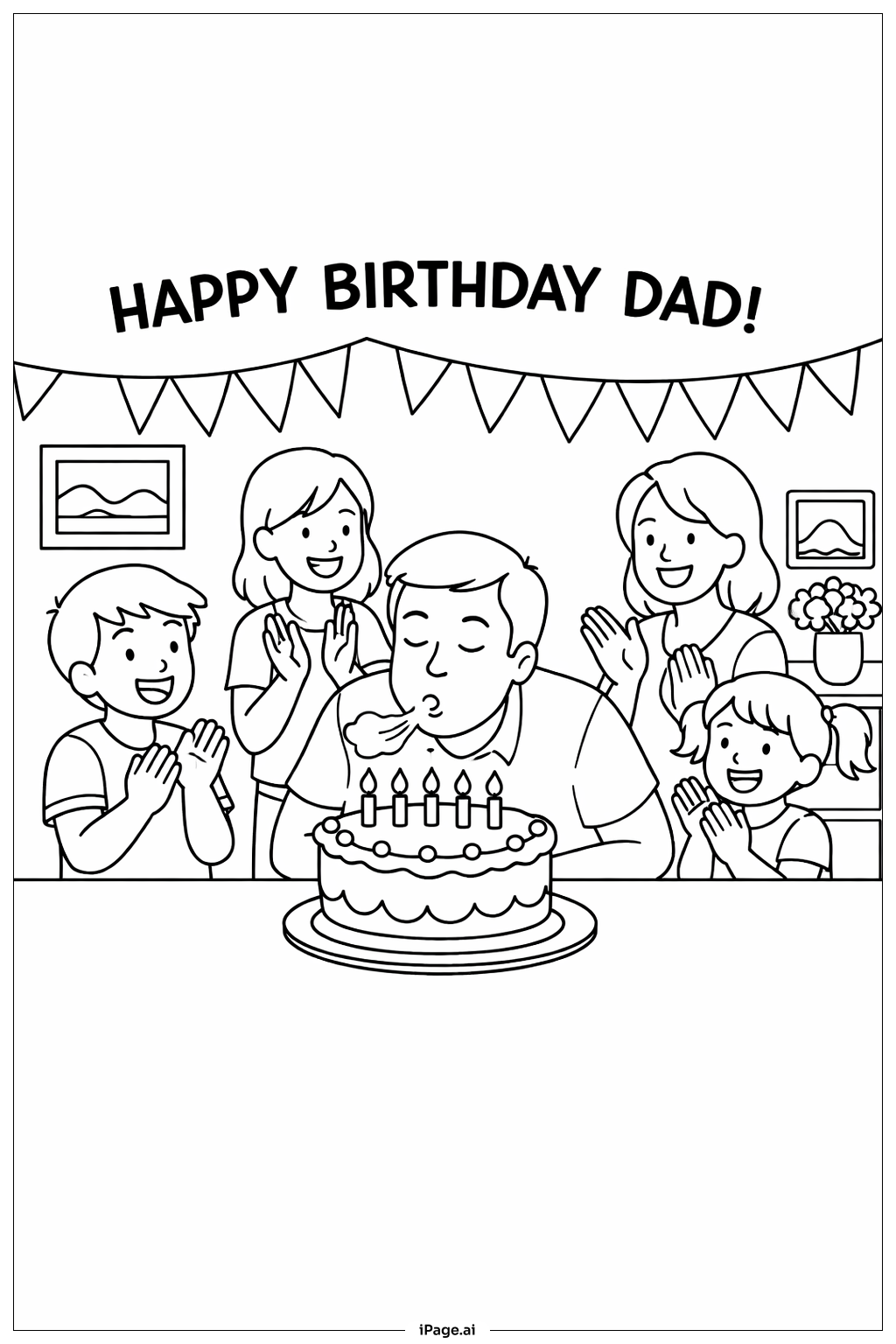  Trang tô màu Sinh Nhật Vui Vẻ Bố Với Bánh Kem Gia Đình 