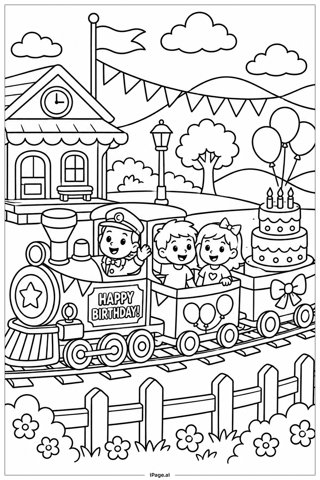  ハッピーバースデートレインライドの塗り絵ページ 