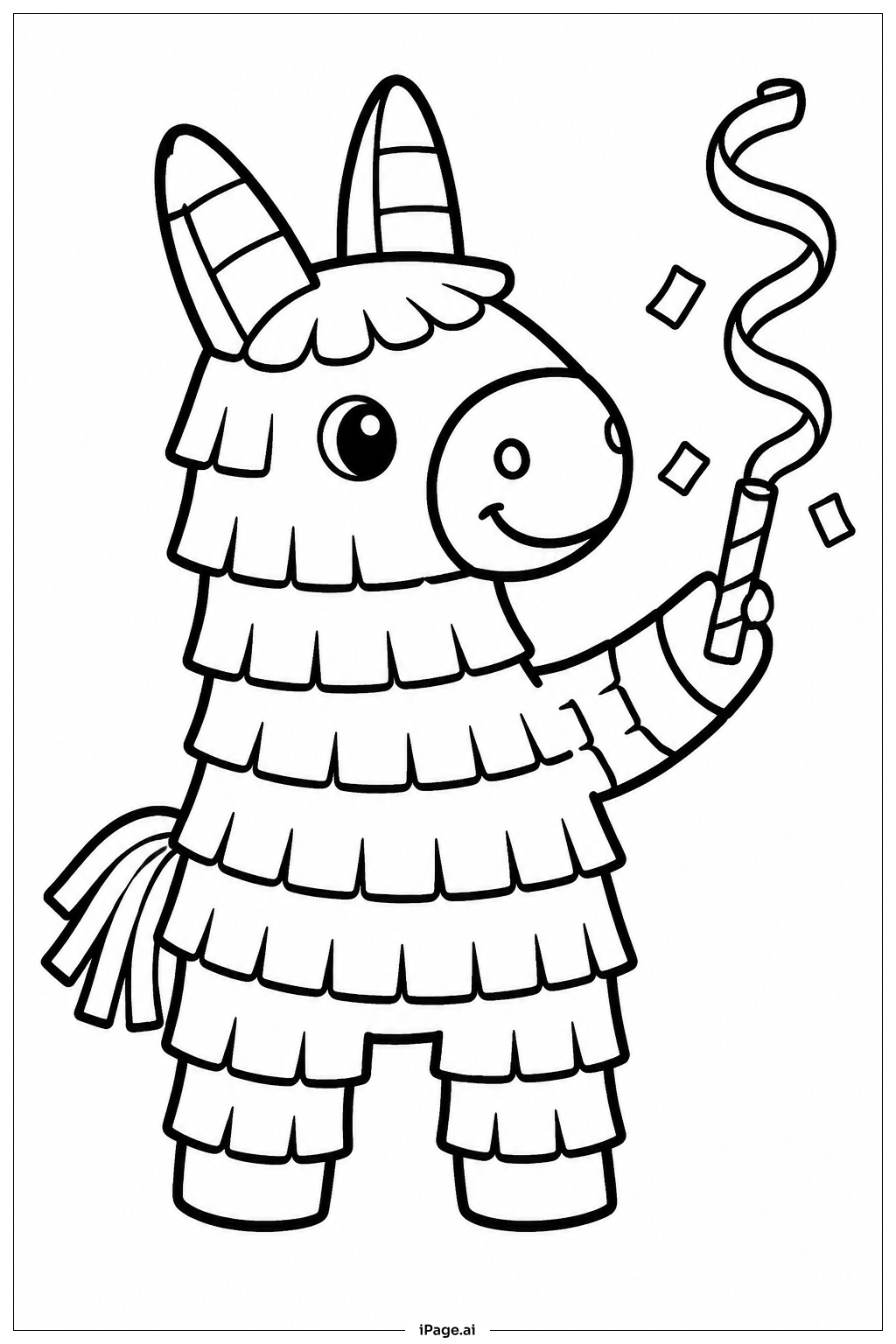 Página para colorear de Piñata feliz con serpentina de fiesta