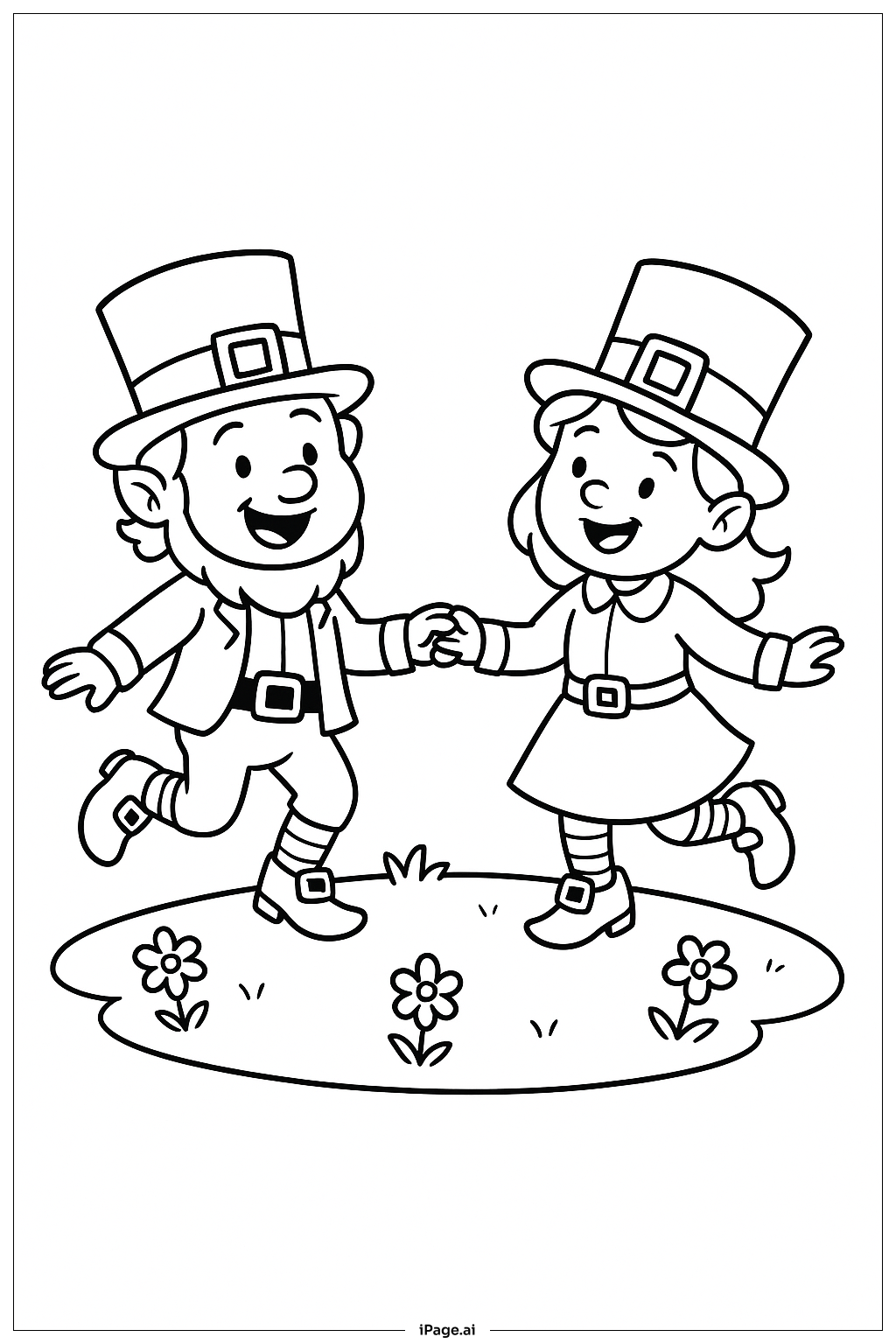 快乐的圣帕特里克节跳舞的小精灵填色页