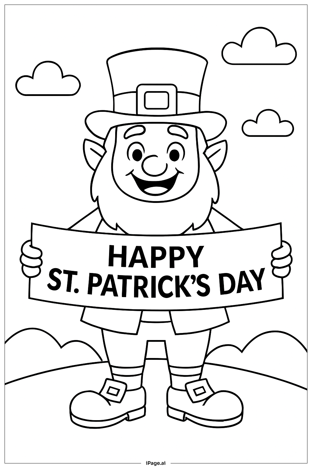  Page de coloriage Lutin joyeux de la Saint-Patrick avec bannière 