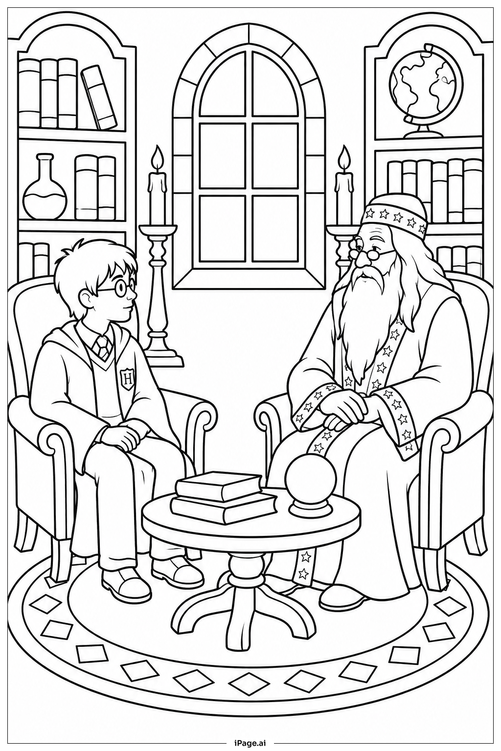  Página para colorear de Harry Potter Y La Conversación Con Dumbledore 