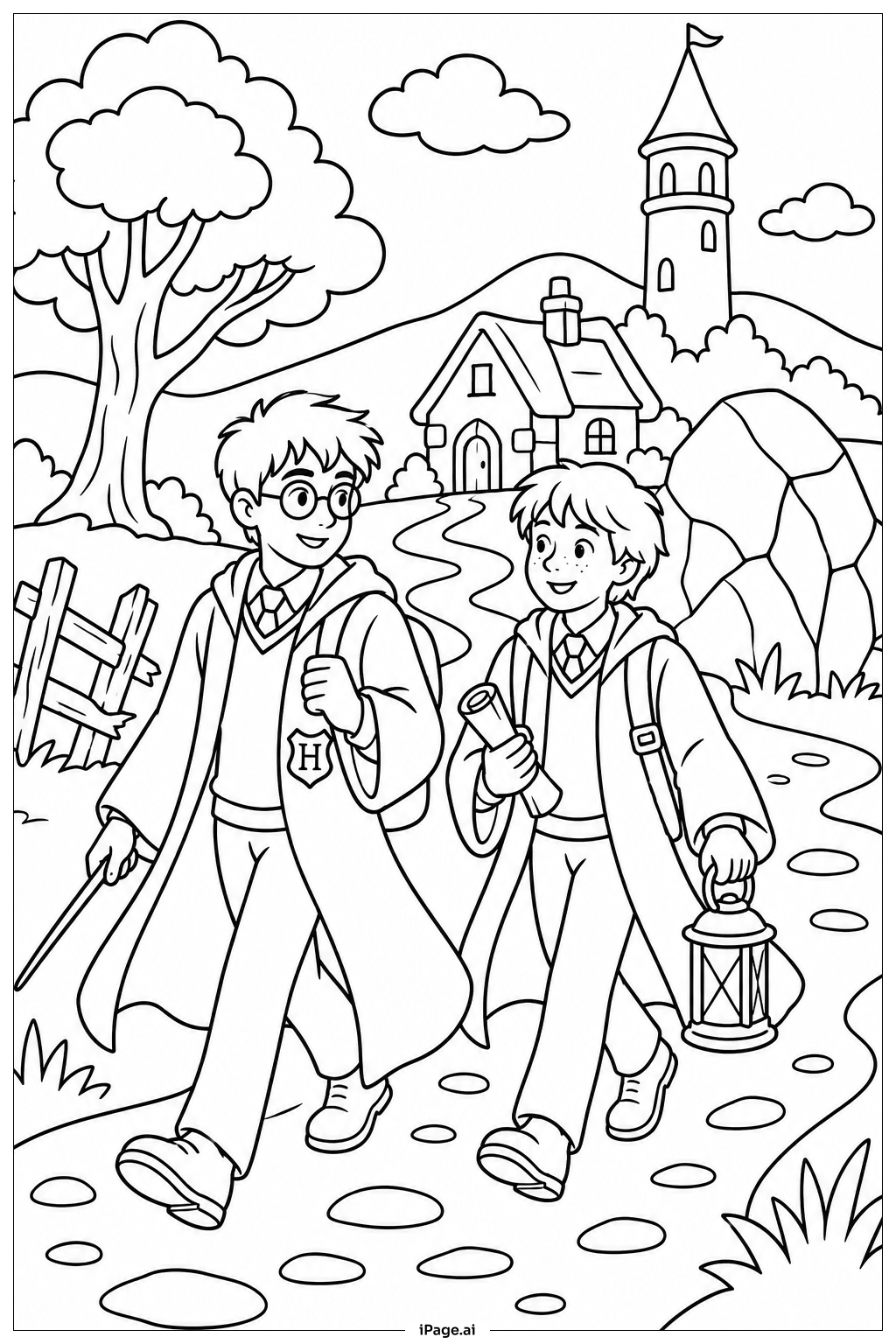  Página para colorear de Harry Potter y Ron en la aventura 