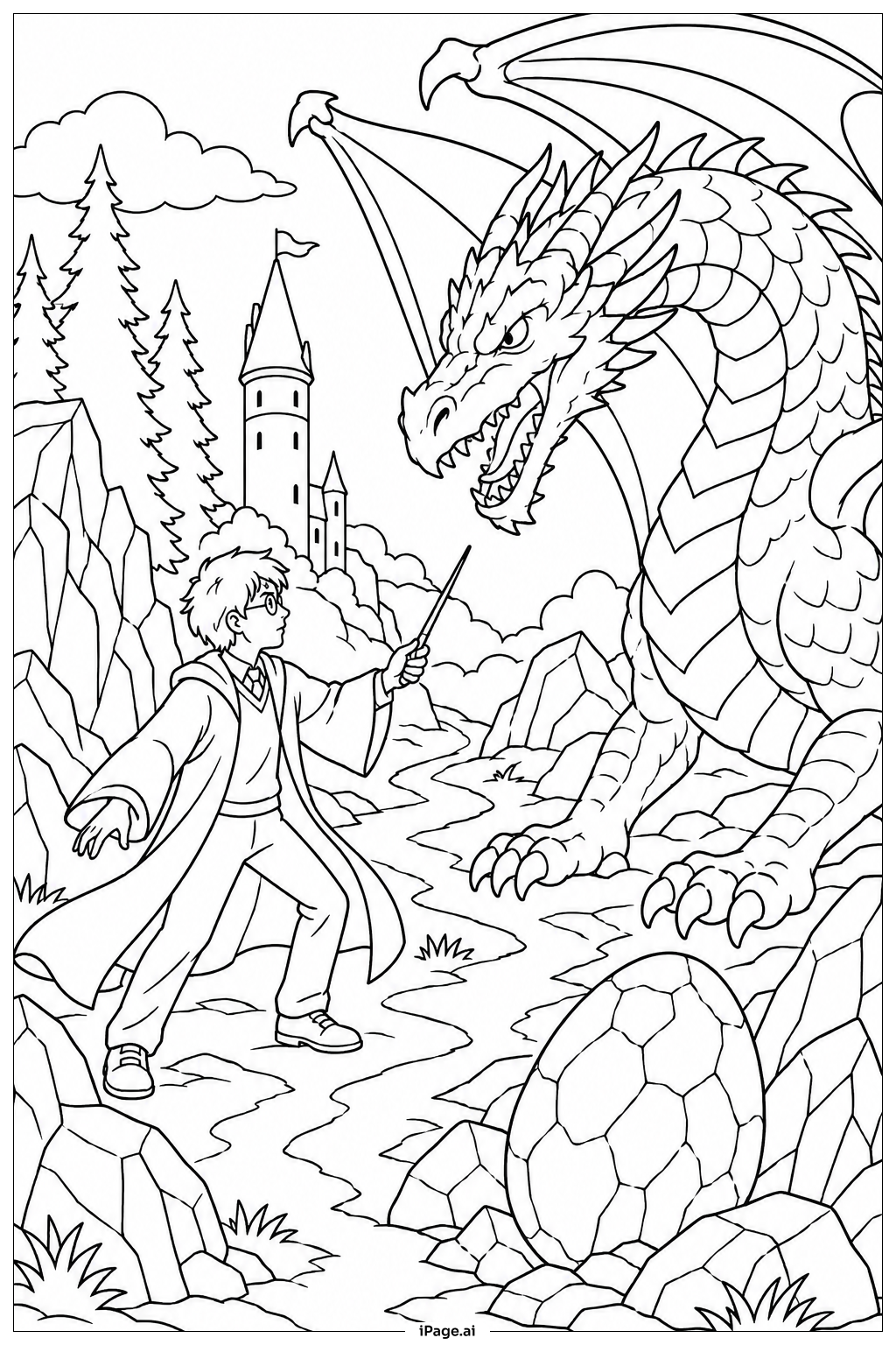  Página para colorear de Harry Potter enfrentando al dragón 