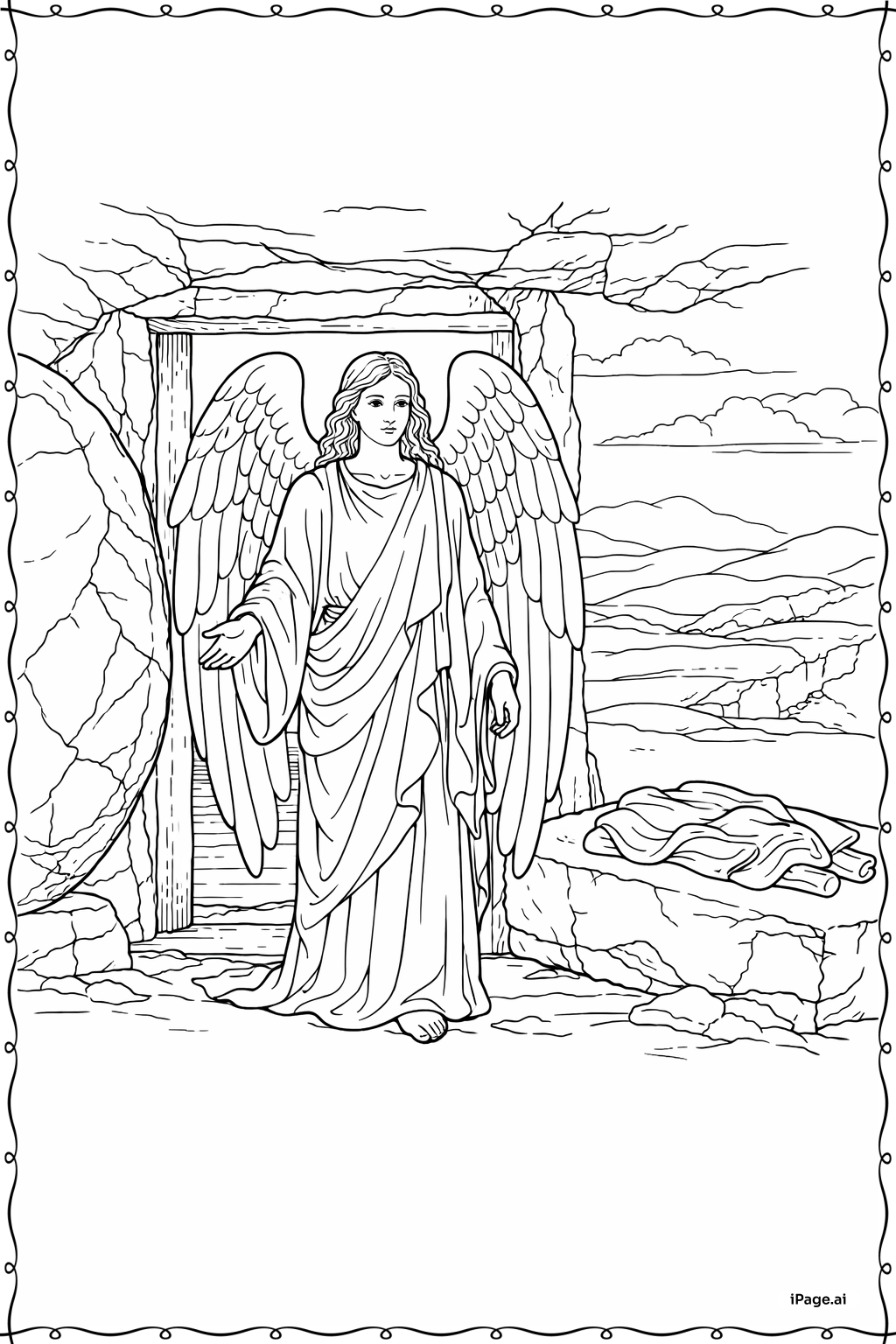 Página para colorear de Él ha resucitado ángel en la entrada de la tumba