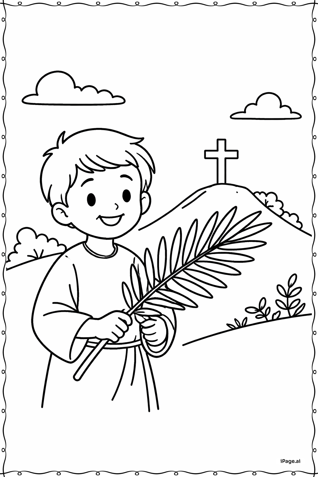 Página para colorear de Él ha resucitado Niño con hoja de palma