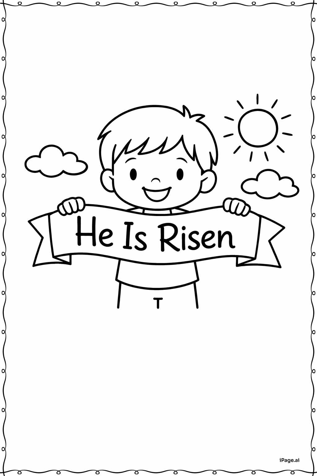 Página para colorear de Él ha resucitado niño sosteniendo pancarta