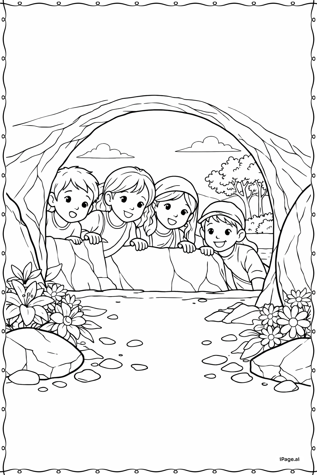 Página para colorear de Él ha resucitado Niños en la tumba