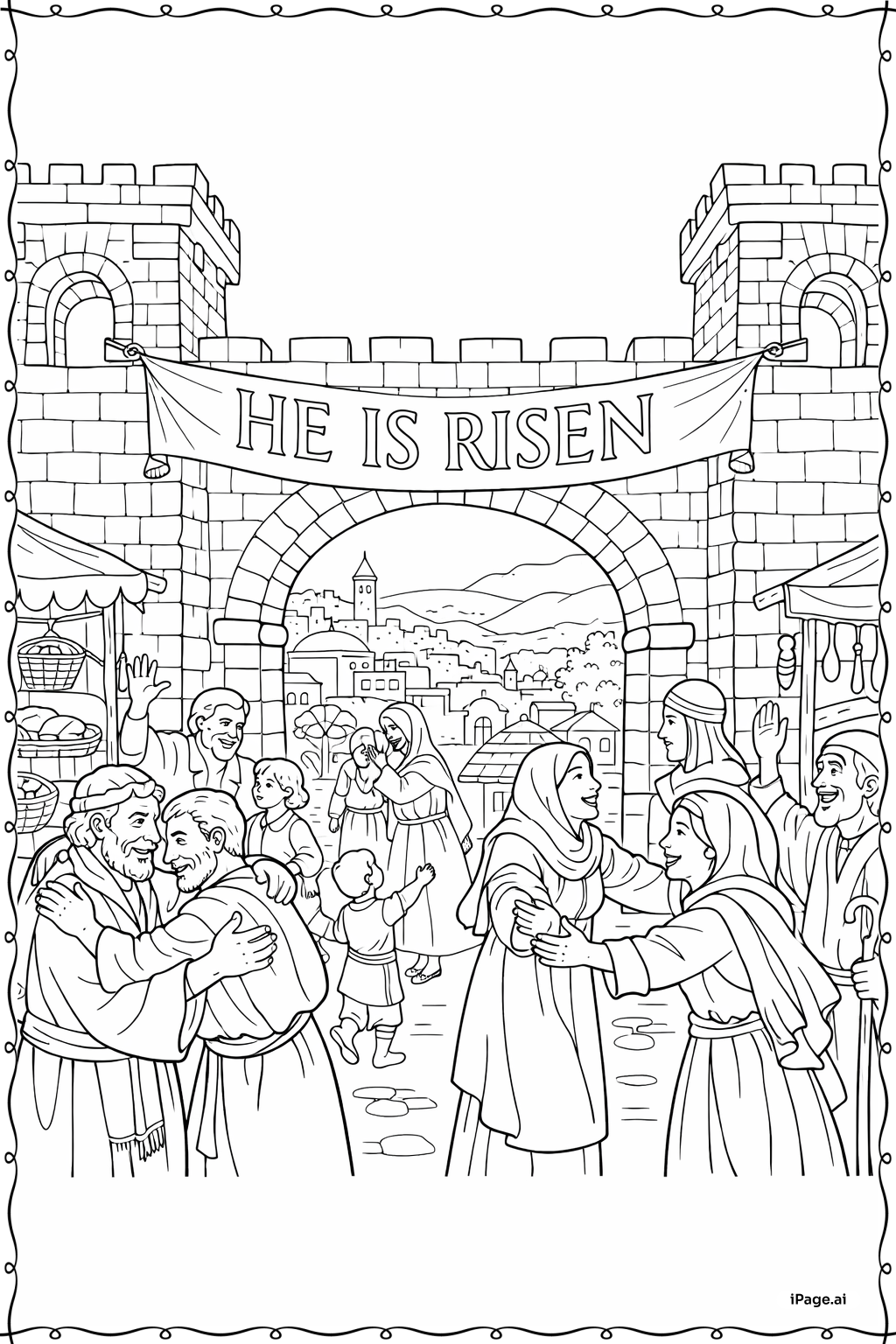 Página para colorear de Celebración en la Puerta de la Ciudad: Él ha Resucitado