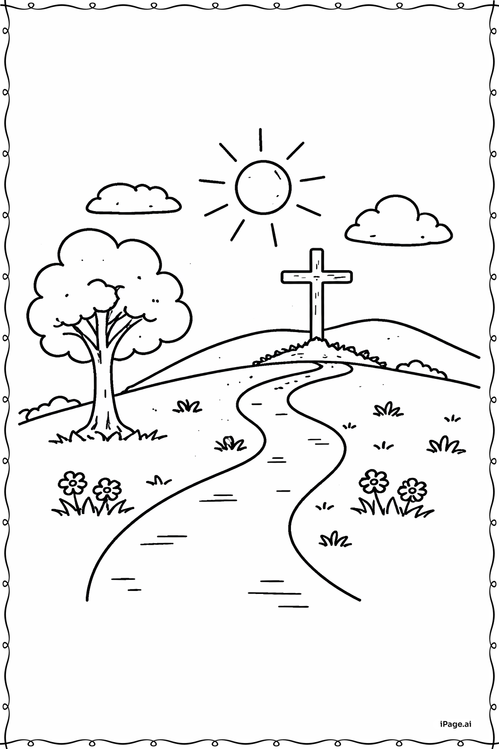 Página para colorear de Él ha resucitado Camino del jardín con cruz