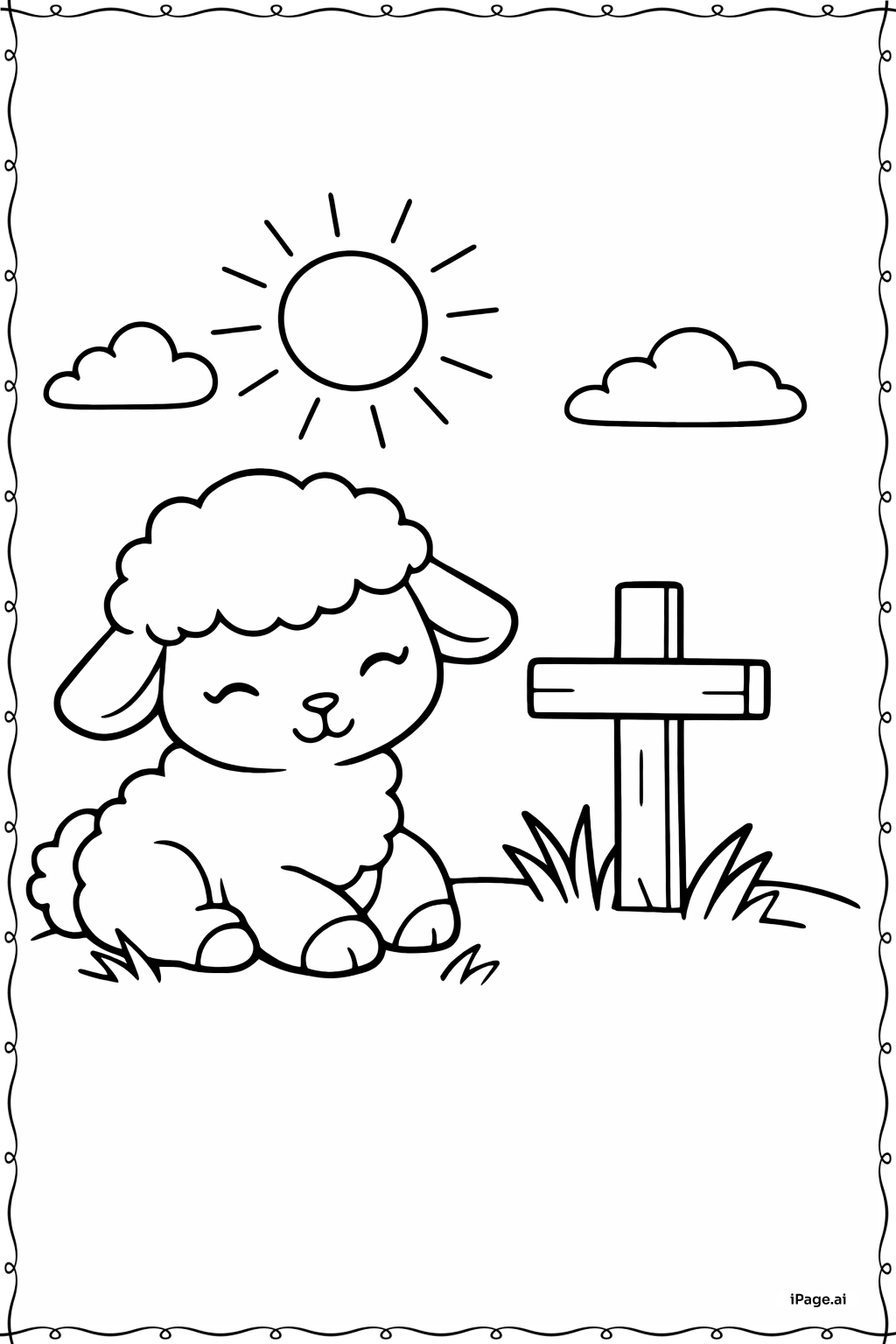 Página para colorear de Él ha resucitado cordero cerca de la cruz