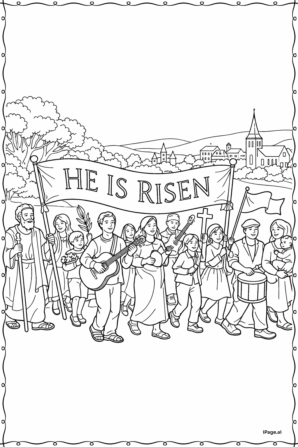 Página para colorear de Procesión de Él ha Resucitado con Bandera