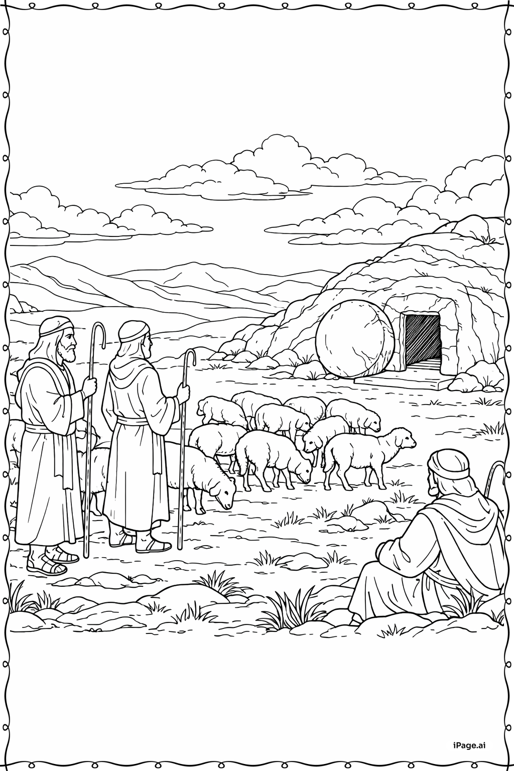 Página para colorear de Él ha resucitado pastores y ovejas