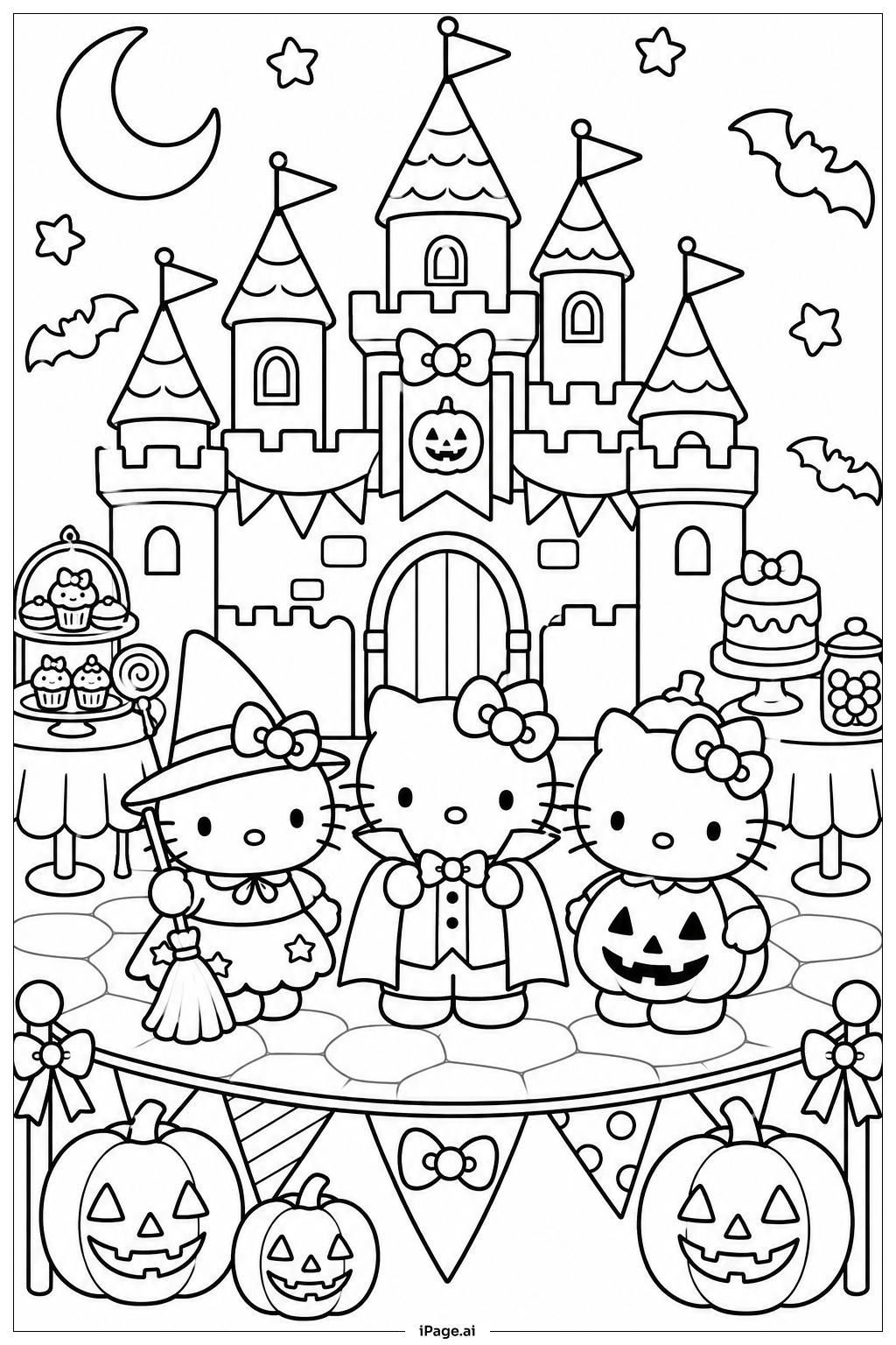 Hello Kitty Halloween Schlossfeier Ausmalseite