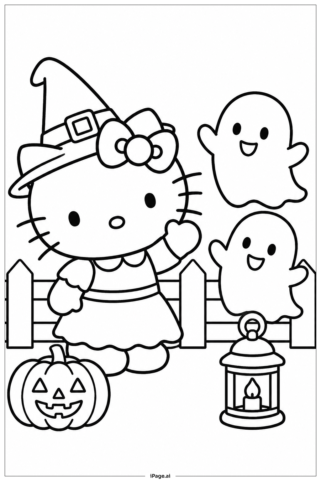 ハロウィンのハローキティとフレンドリーなおばけたちの塗り絵ページ