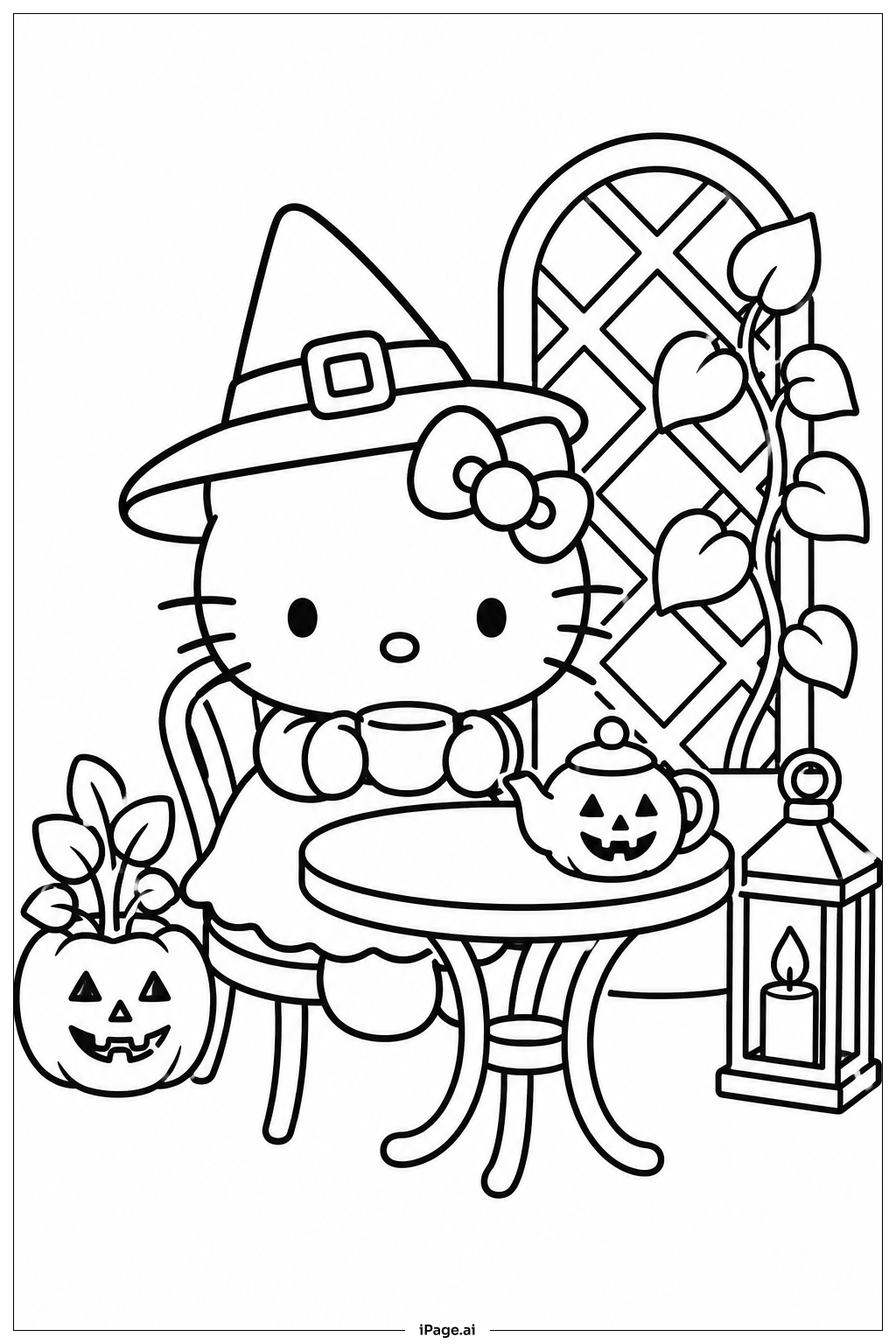ハローキティ ハロウィン ガーデンパーティーの塗り絵ページ