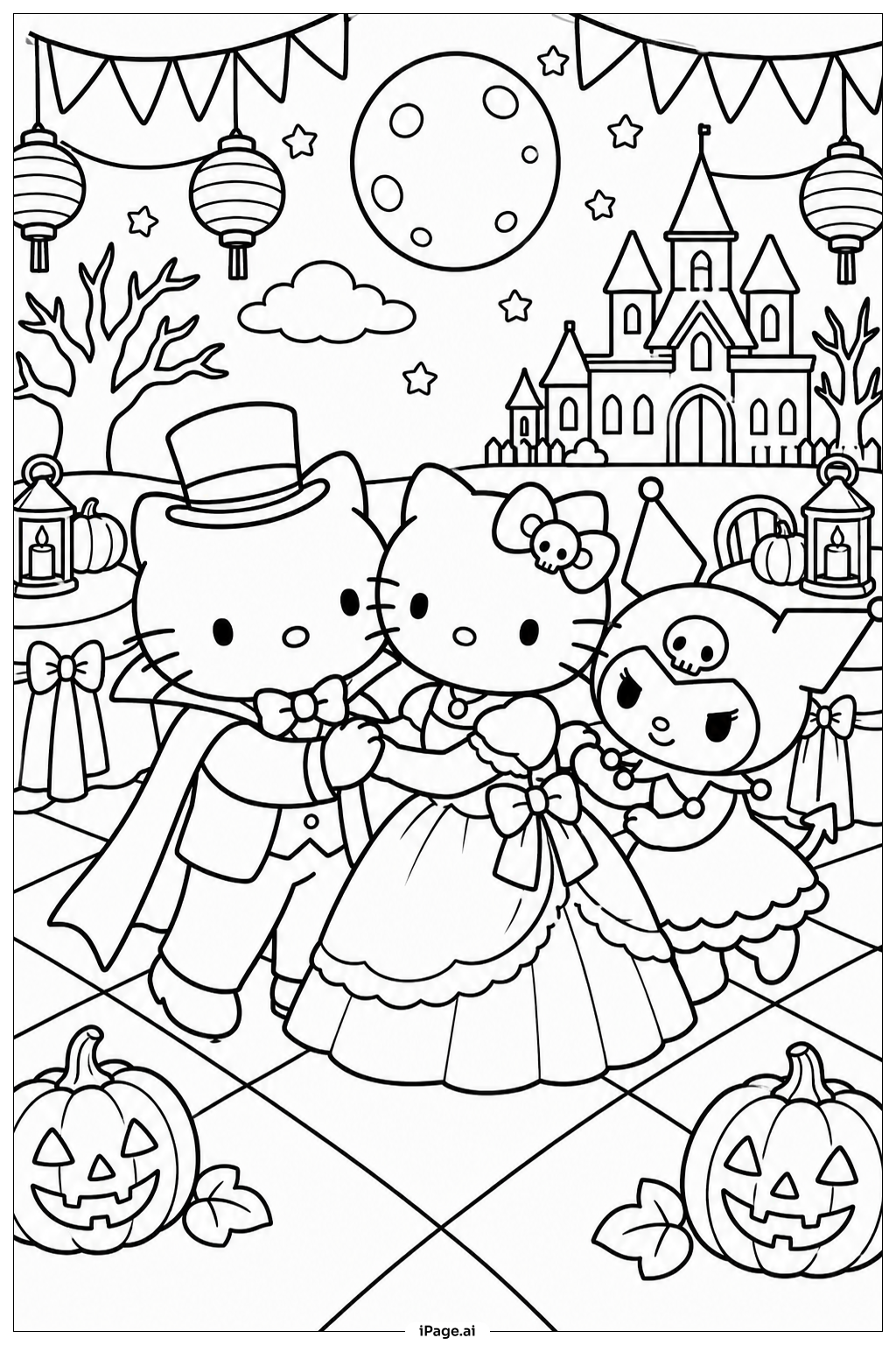 Hello Kitty Halloween Mondschein-Ball Ausmalseite
