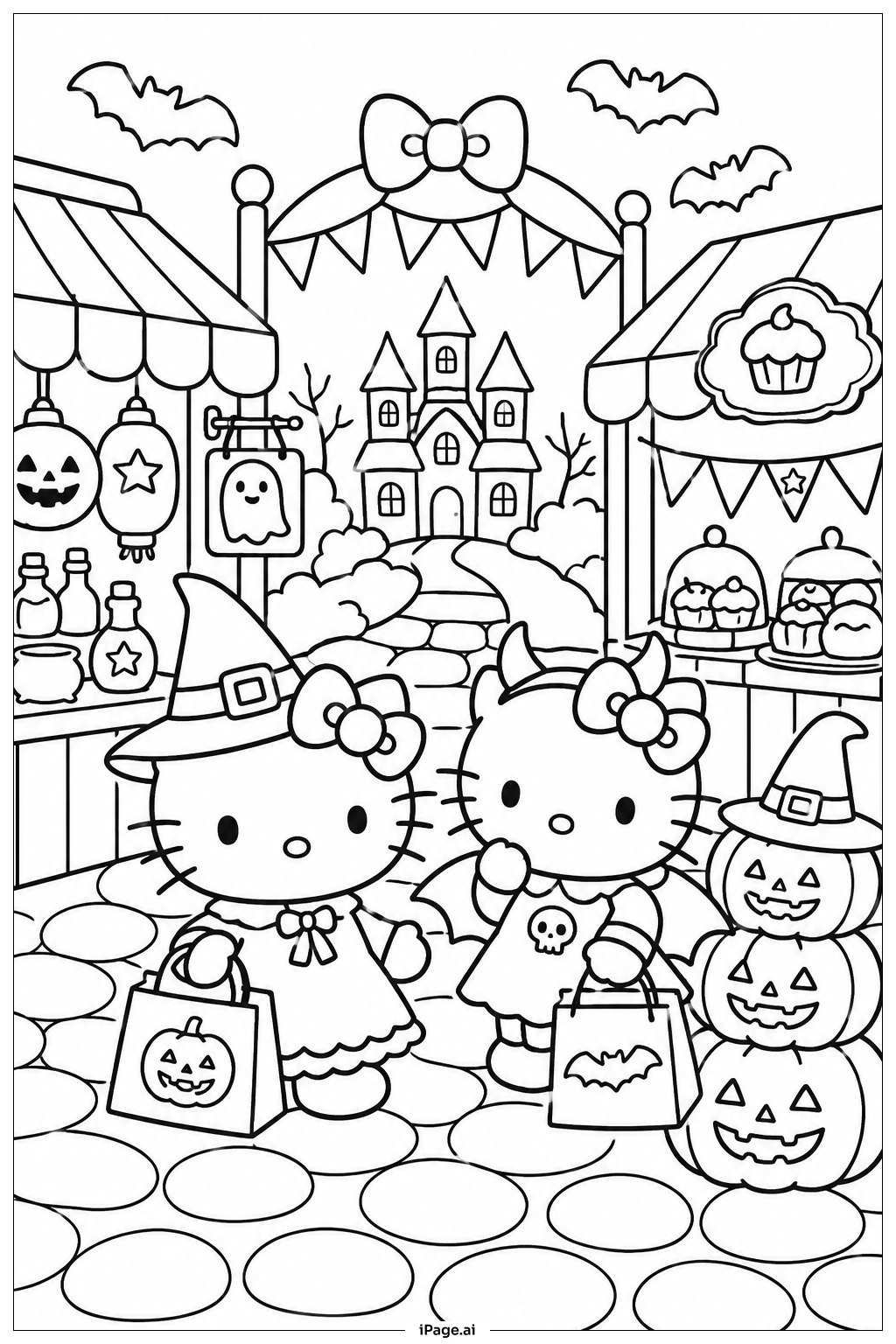 Hello Kitty Halloween Spooky Marketplace Ausmalseite