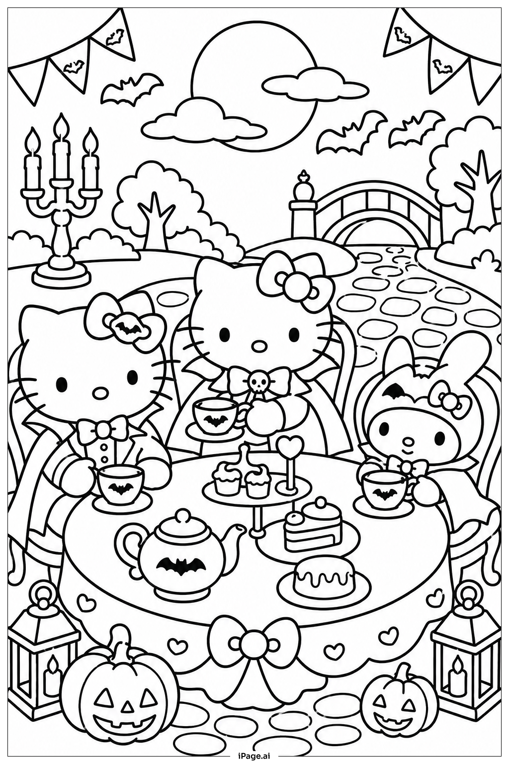 Hello Kitty Halloween Vampir-Teeparty Ausmalseite