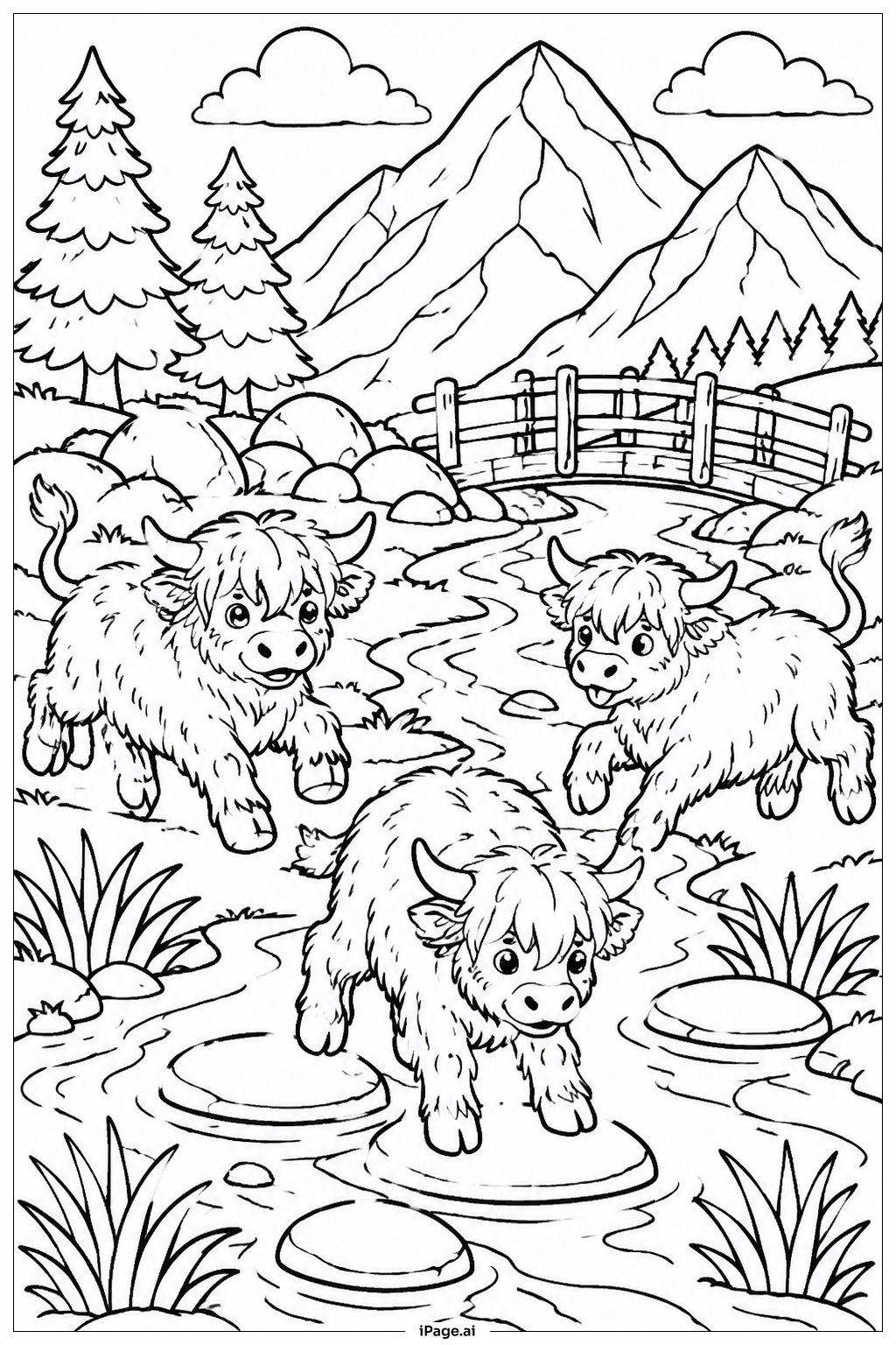 高地牛犊在山间溪流