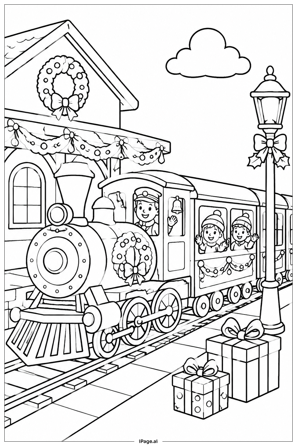 Página para colorear de Tren Navideño con Pasajeros