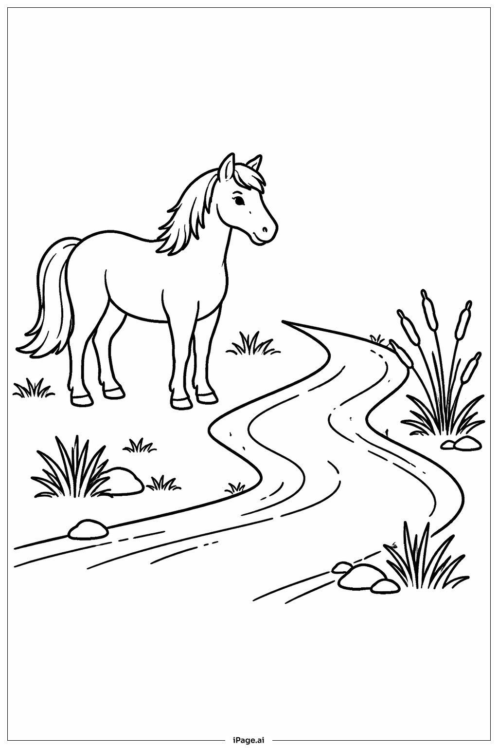 Horse By Stream Coloring Page