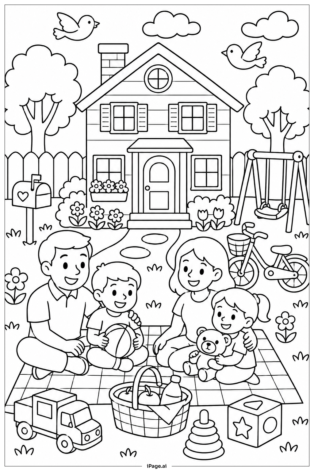Haus mit Familie Ausmalseite