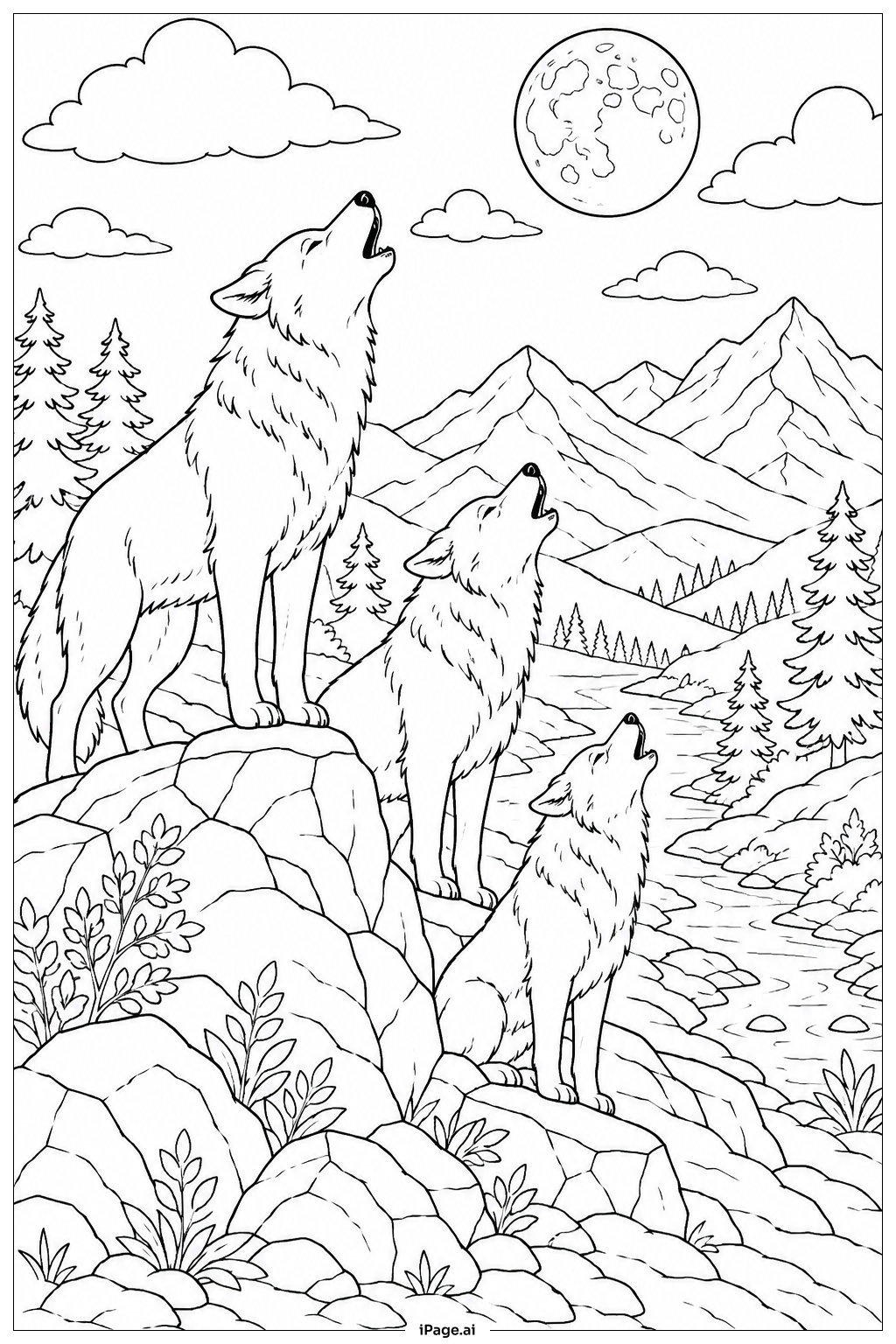 Página para colorear de Lobos Aullando en la Cresta