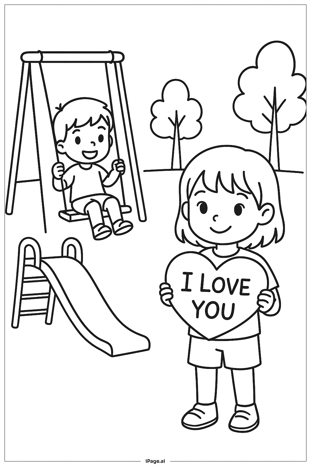  Página para colorear de Columpio del parque que dice Te Amo 