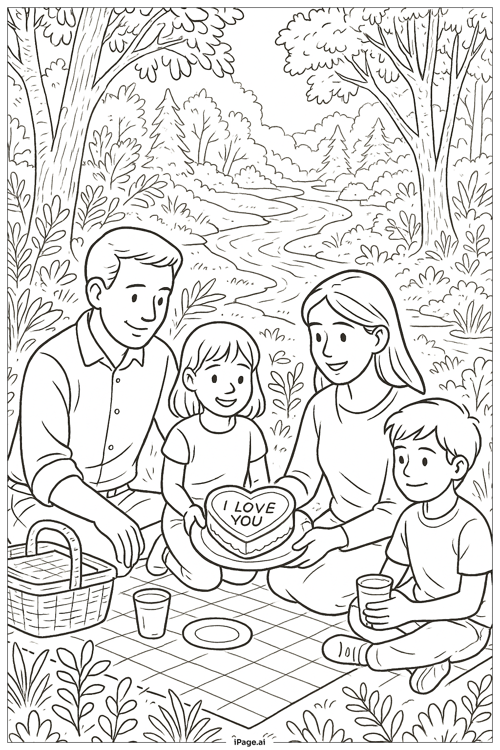  我愛你森林野餐著色頁 