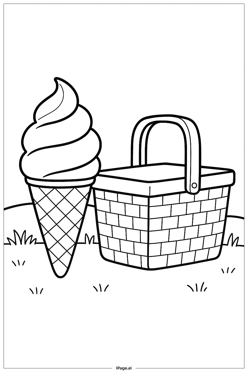  冰淇淋甜筒野餐篮填色页 